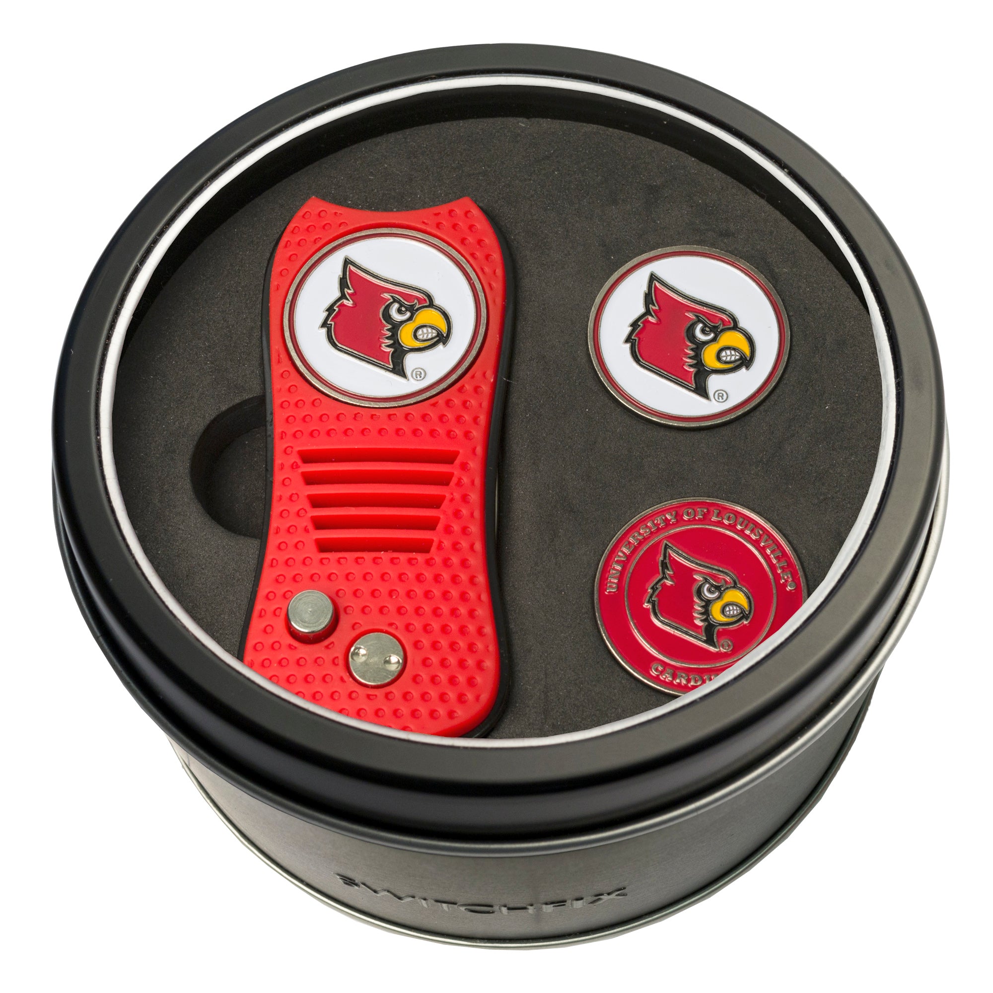 Louisville Cardinals Switchblade Divot Tool + 2 Ball Marker Tin Gift Set