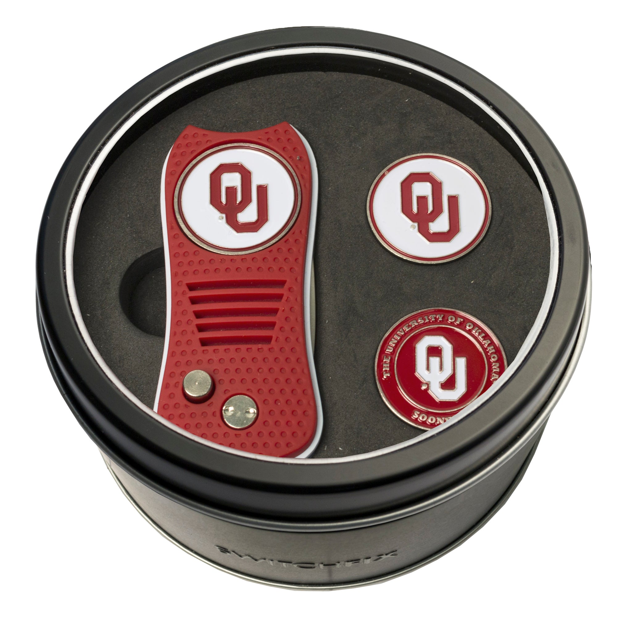 Oklahoma Sooners Switchblade Divot Tool + 2 Ball Marker Tin Gift Set