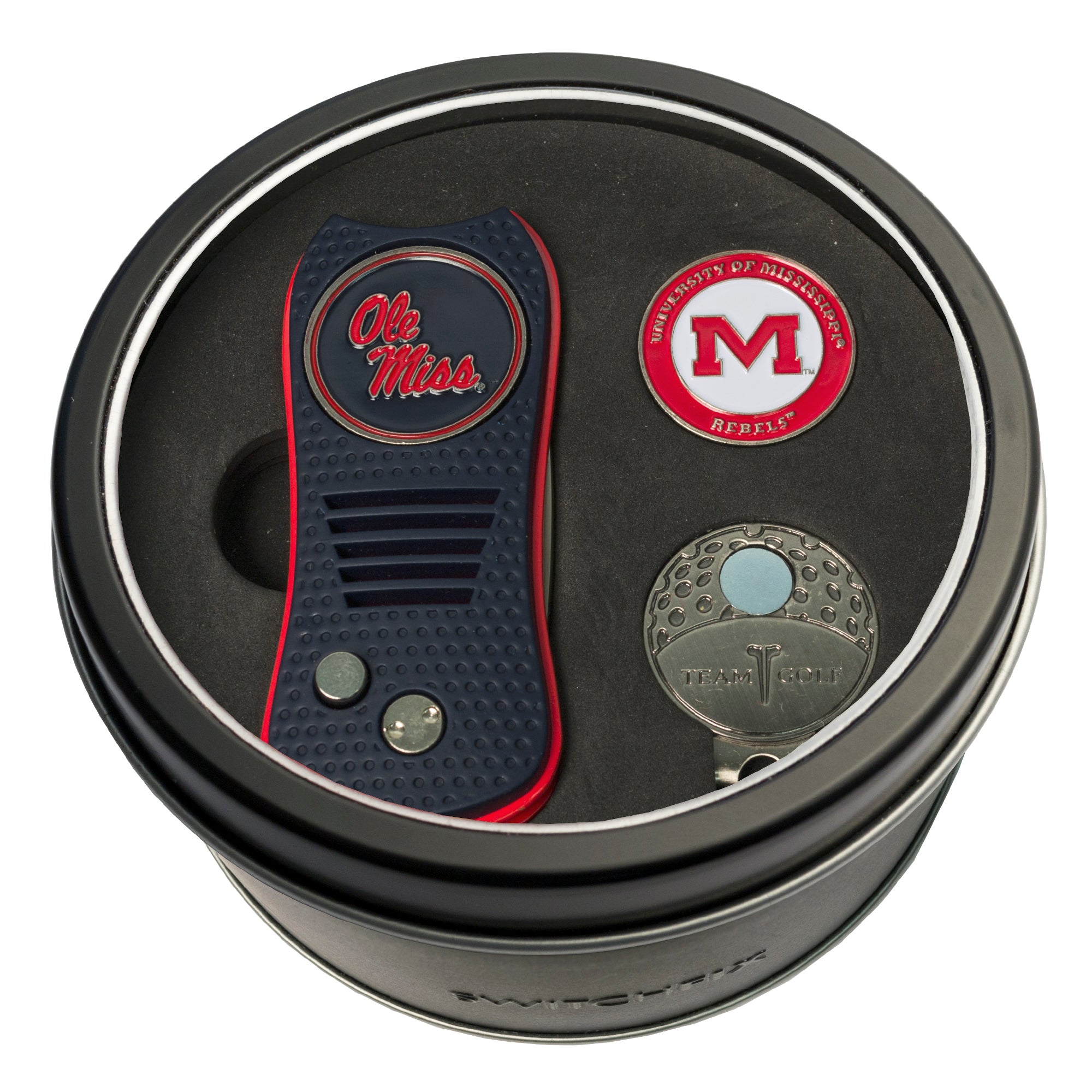 Ole Miss Rebels Switchblade Divot Tool + Cap Clip + Ball Marker Tin Gift Set