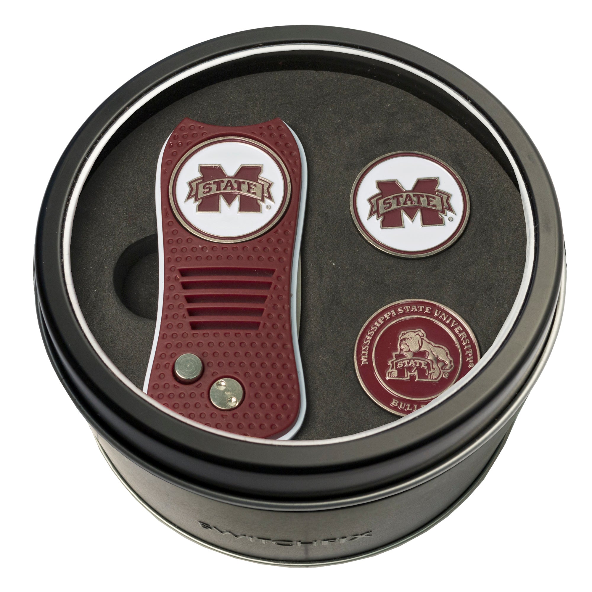 Mississippi State Bulldogs Switchblade Divot Tool + 2 Ball Marker Tin Gift Set