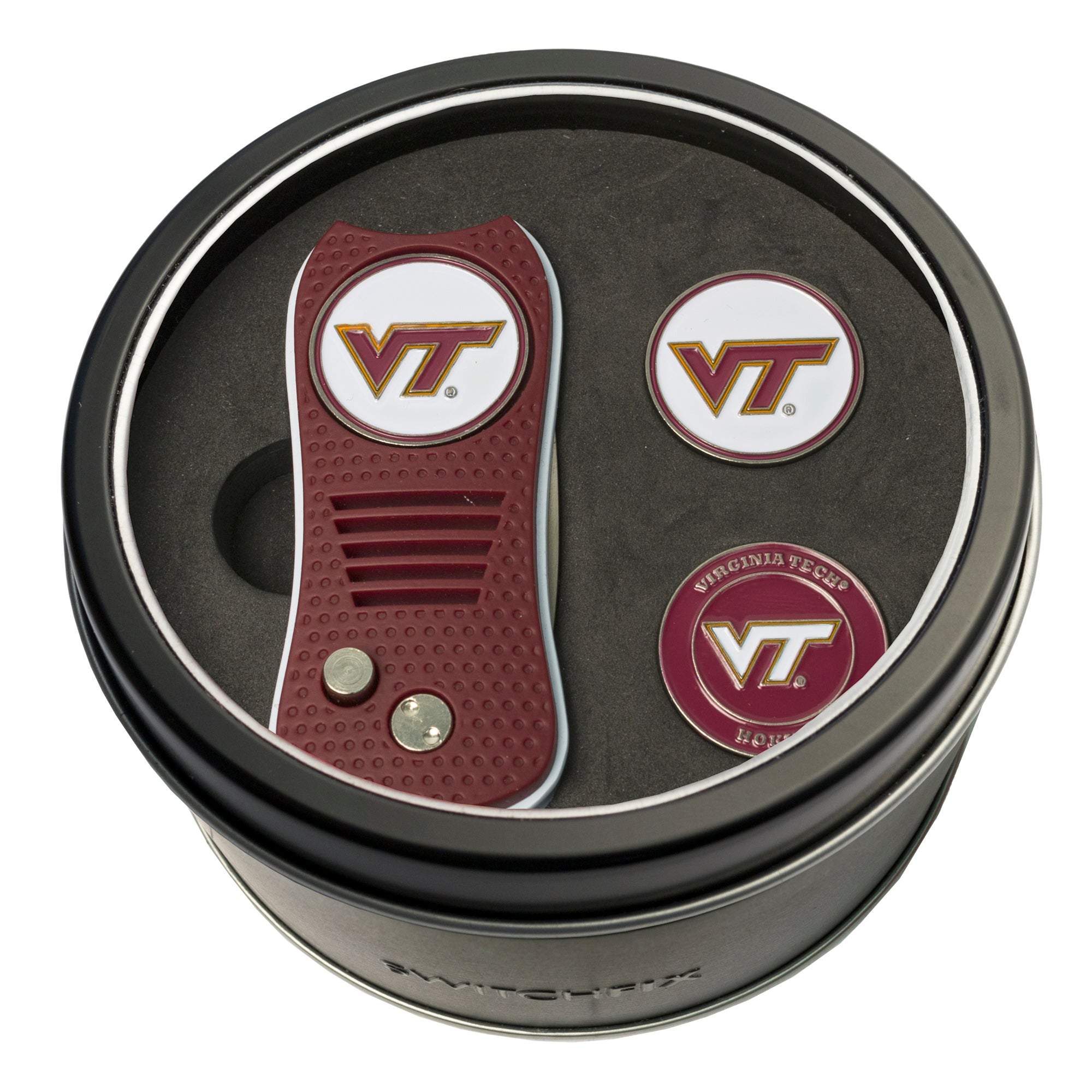 Virginia Tech Hokies Switchblade Divot Tool + 2 Ball Marker Tin Gift Set