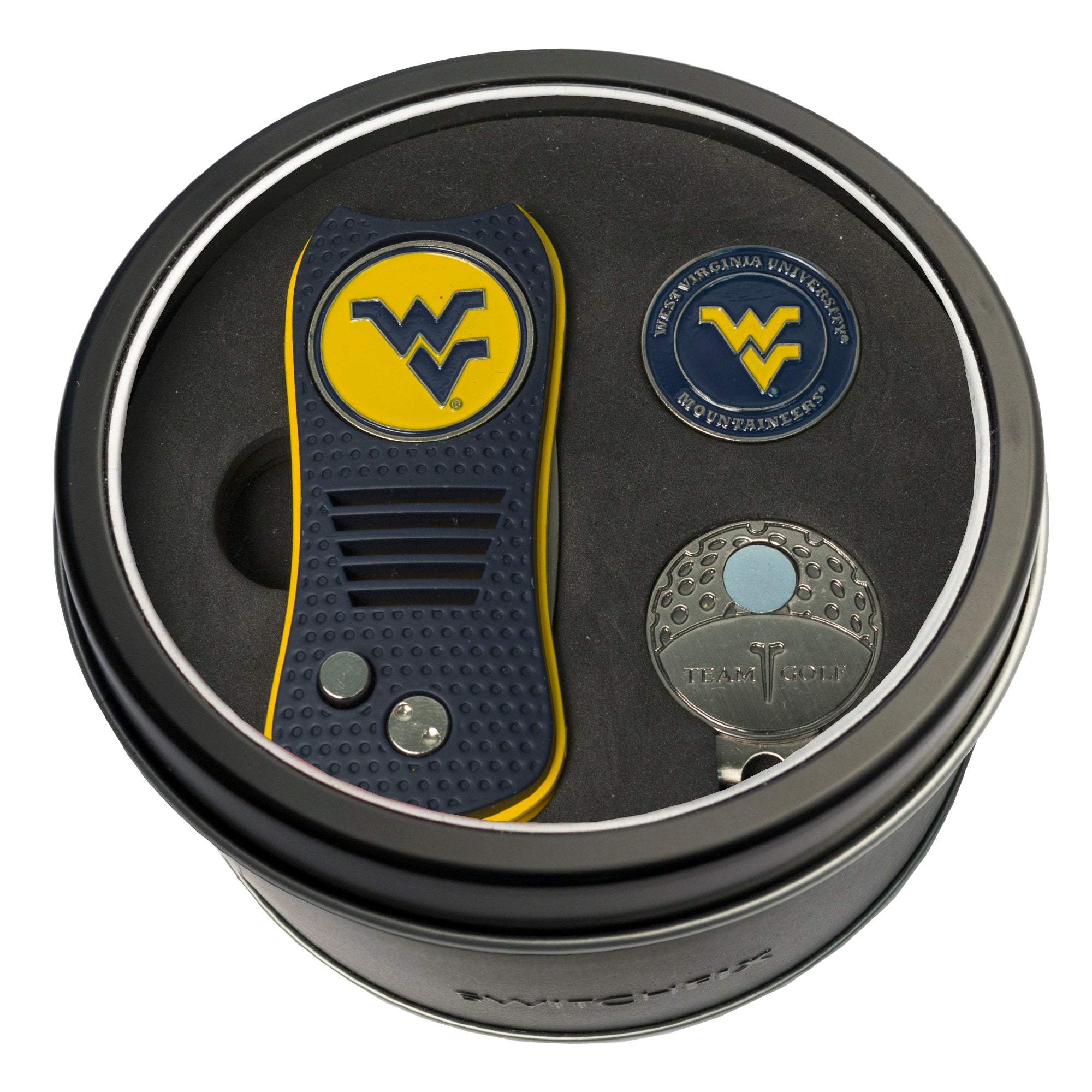 West Virginia Mountaineers Switchblade Divot Tool + Cap Clip + Ball Marker Tin Gift Set