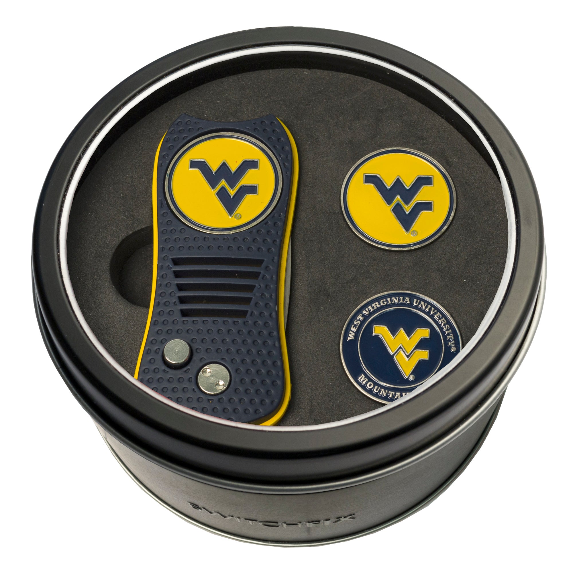 West Virginia Mountaineers Switchblade Divot Tool + 2 Ball Marker Tin Gift Set