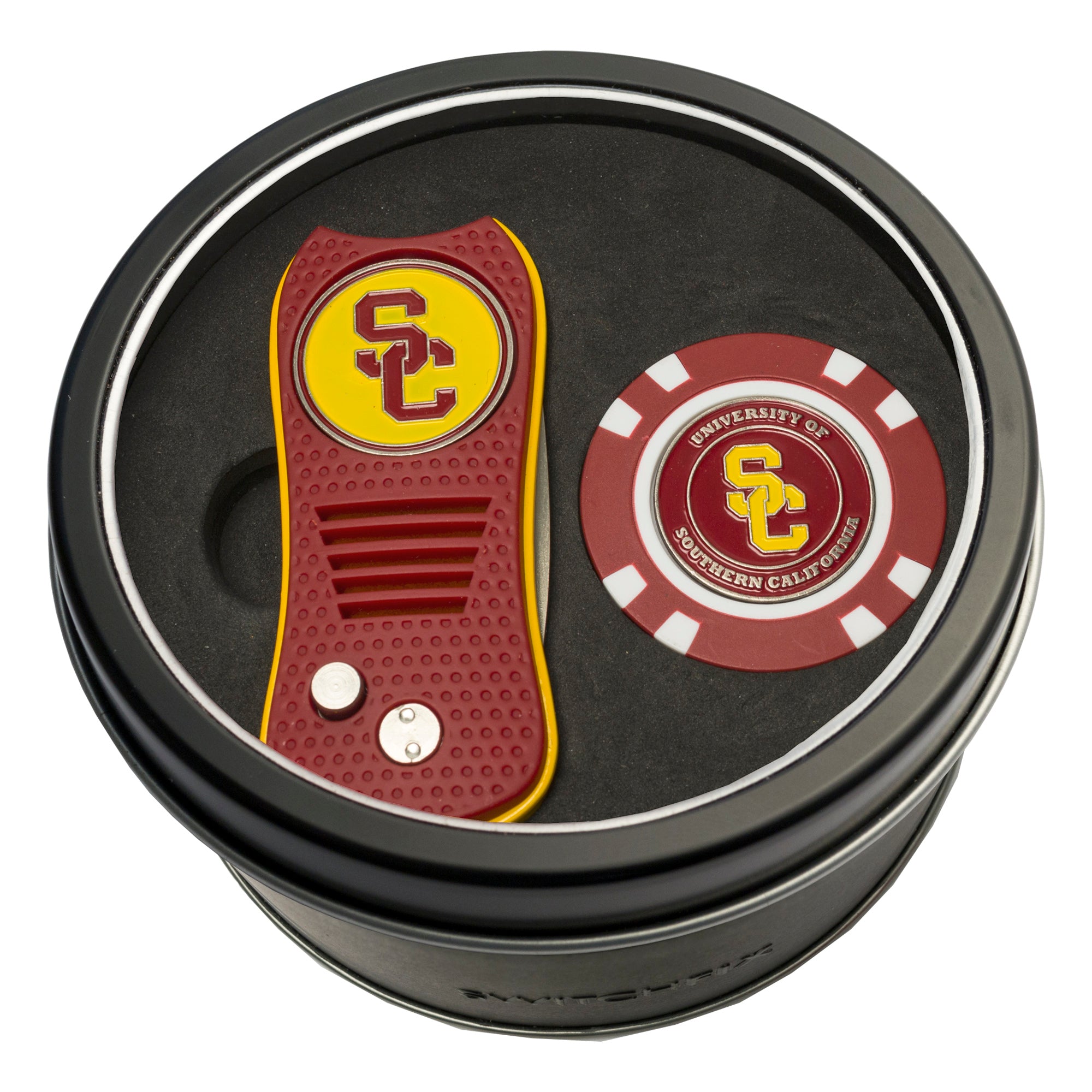 USC Trojans Switchblade Divot Tool + Golf Chip Tin Gift Set