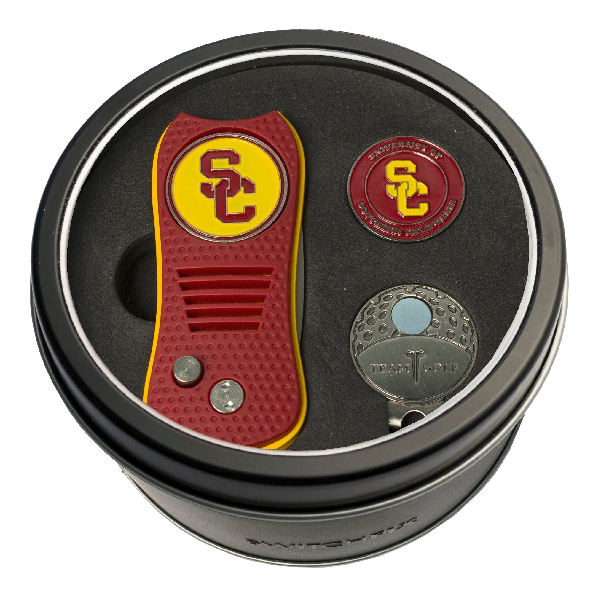 USC Trojans Switchblade Divot Tool + Cap Clip + Ball Marker Tin Gift Set