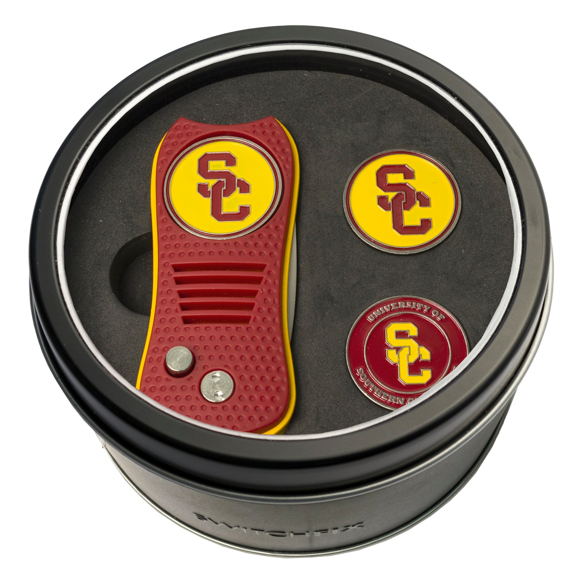 USC Trojans Switchblade Divot Tool + 2 Ball Marker Tin Gift Set
