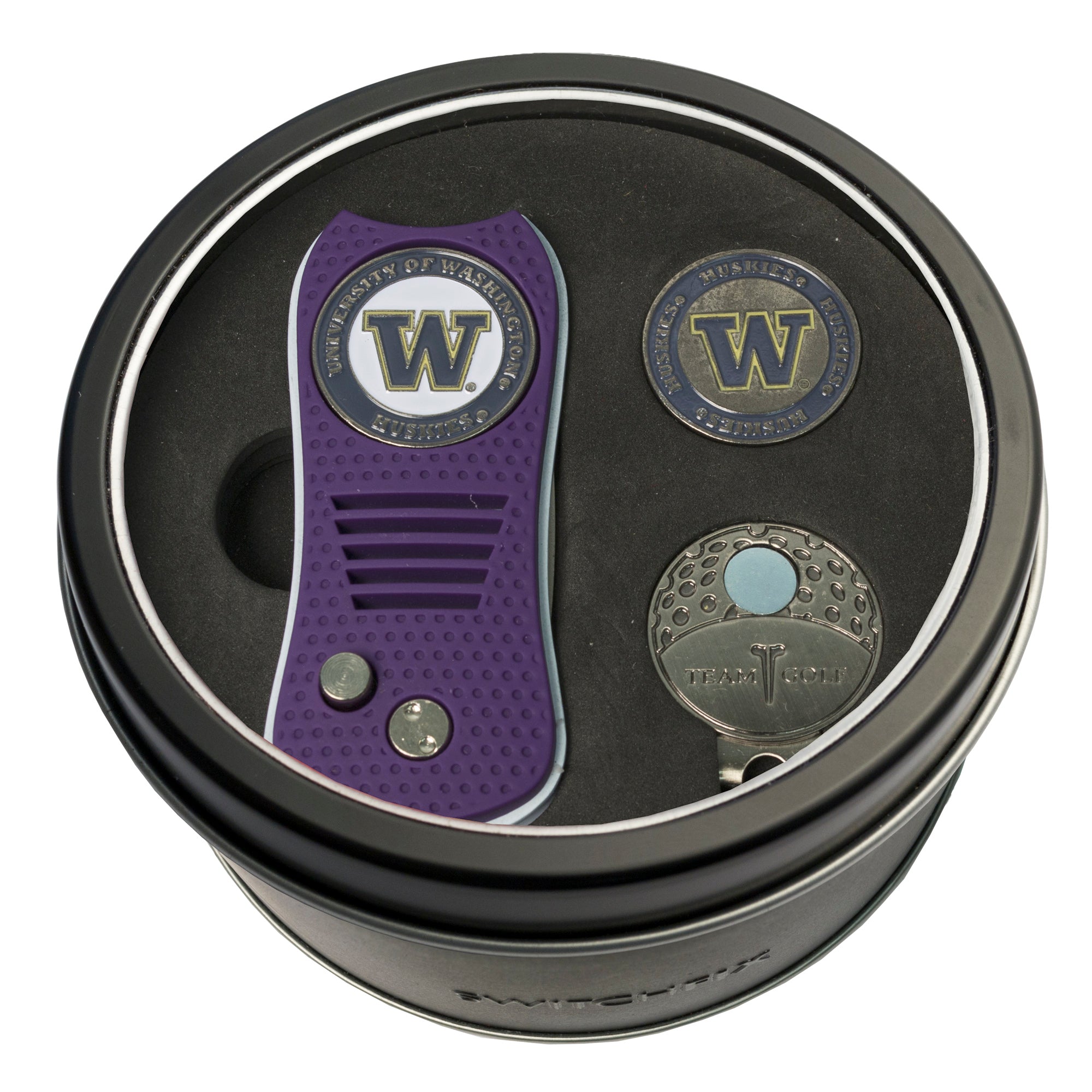 Washington Huskies Switchblade Divot Tool + Cap Clip + Ball Marker Tin Gift Set