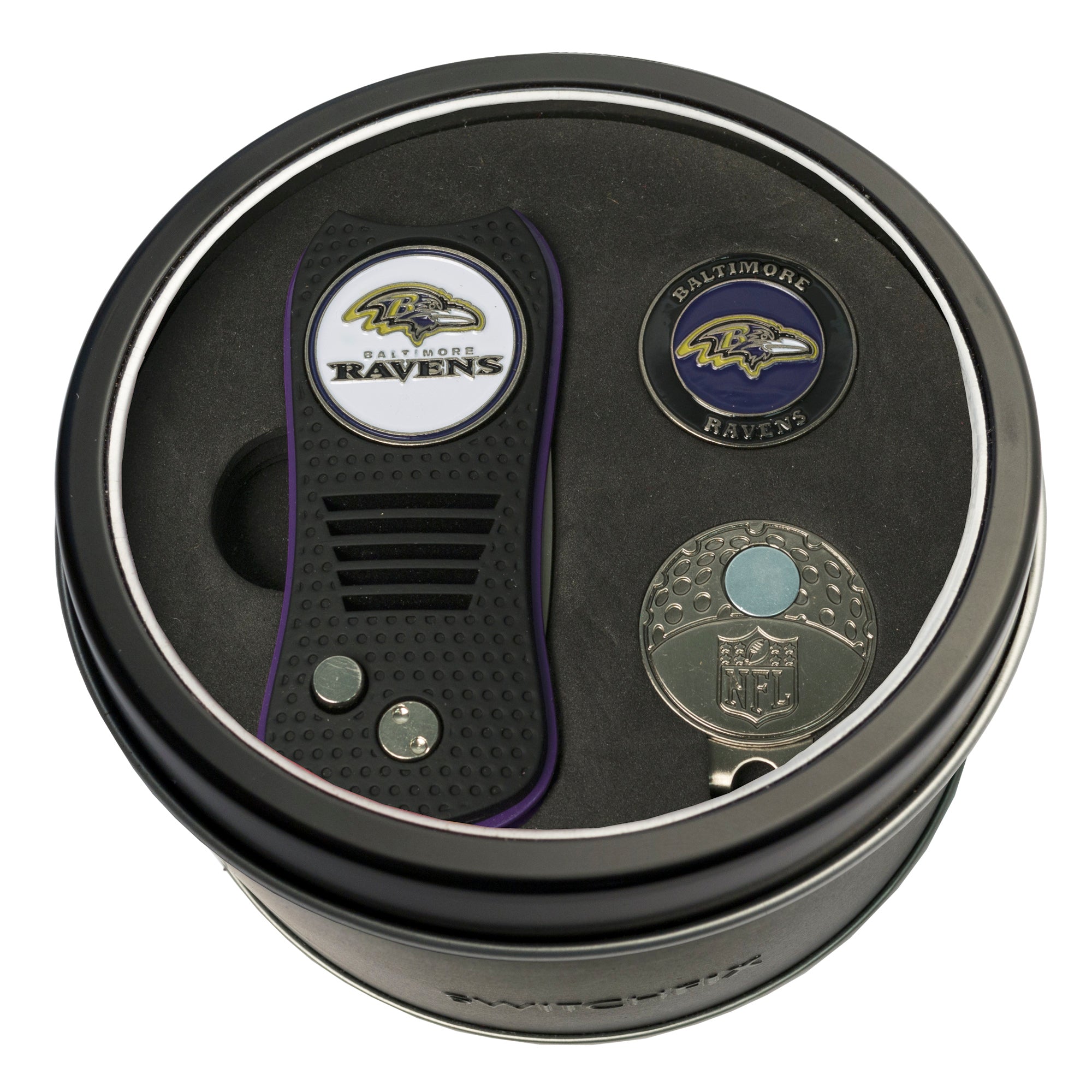 Baltimore Ravens Switchblade Divot Tool + Cap Clip + Ball Marker Tin Gift Set