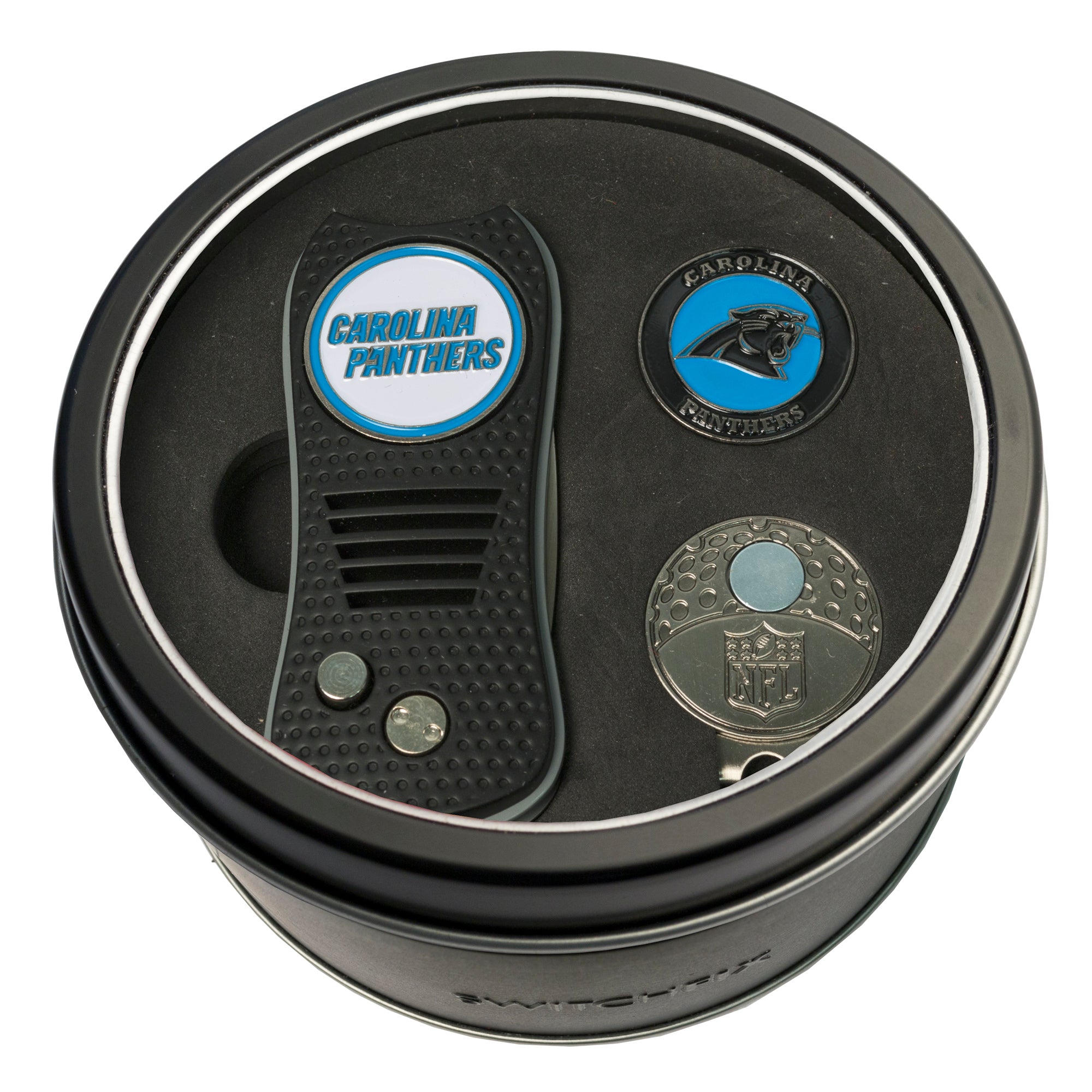 Carolina Panthers Switchblade Divot Tool + Cap Clip + Ball Marker Tin Gift Set