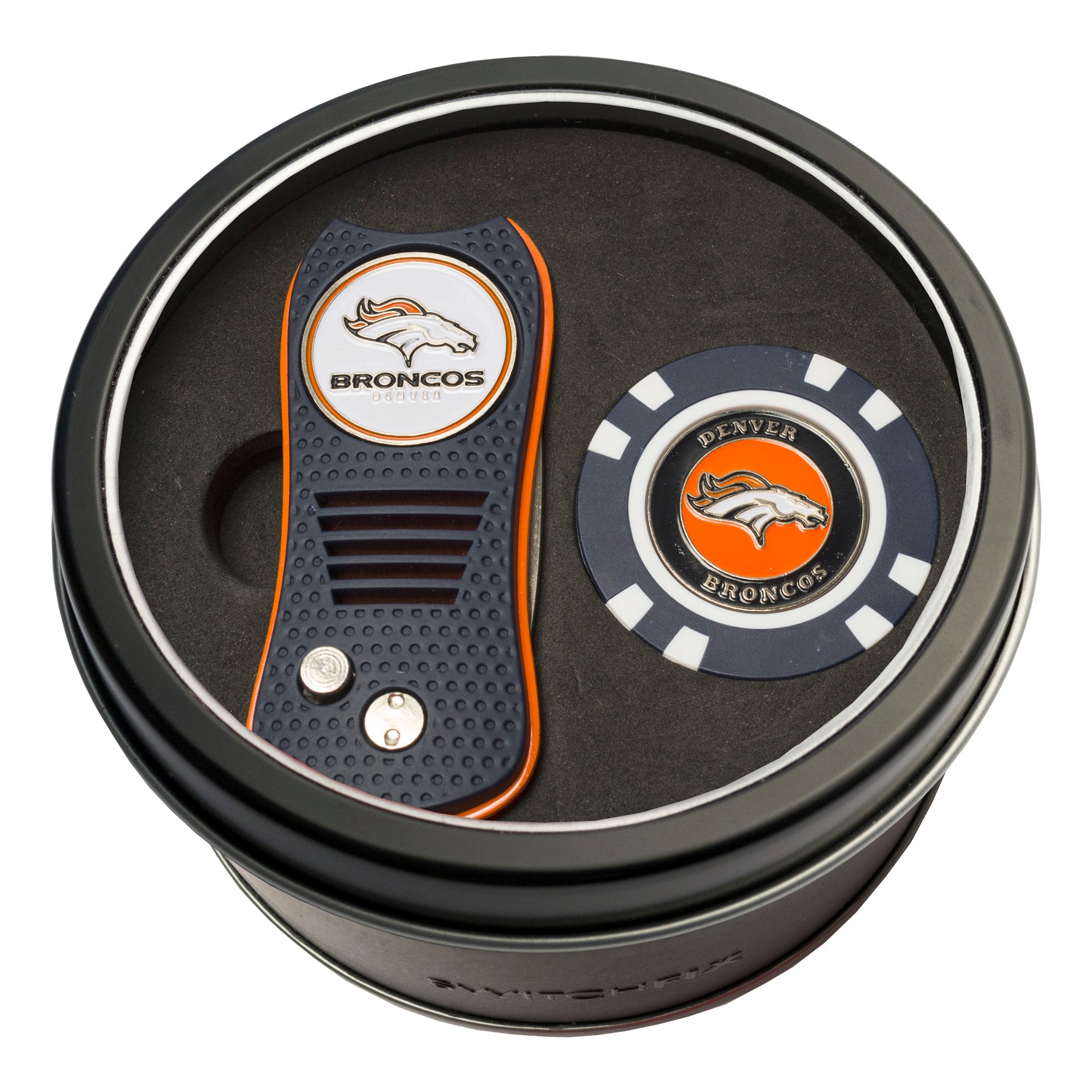 Denver Broncos Switchblade Divot Tool + Golf Chip Tin Gift Set