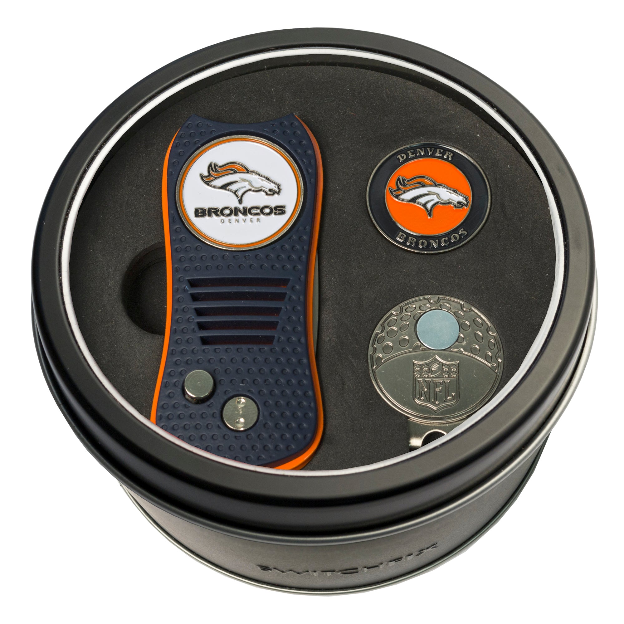 Denver Broncos Switchblade Divot Tool + Cap Clip + Ball Marker Tin Gift Set
