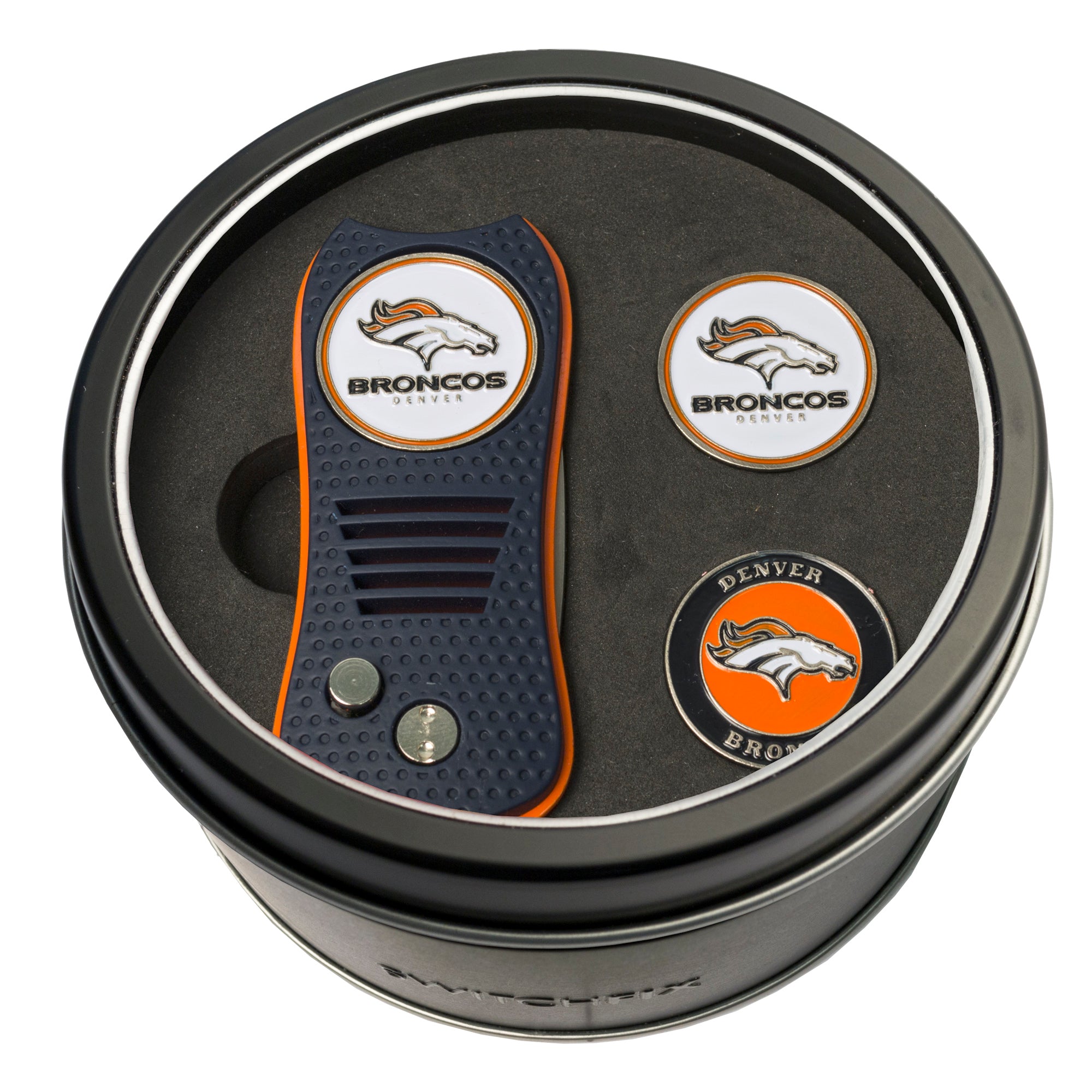 Denver Broncos Switchblade Divot Tool + 2 Ball Marker Tin Gift Set