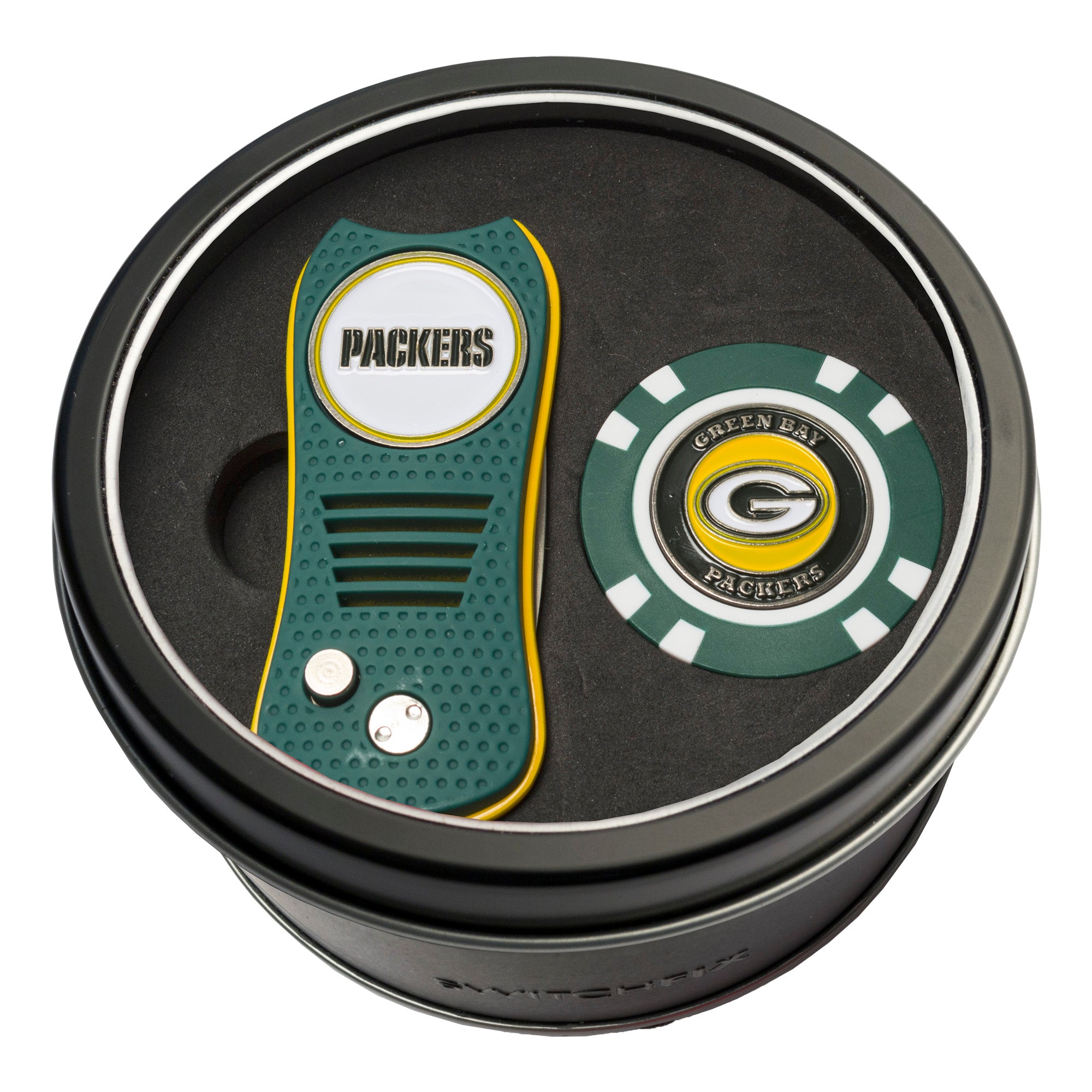 Green Bay Packers Switchblade Divot Tool + Golf Chip Tin Gift Set