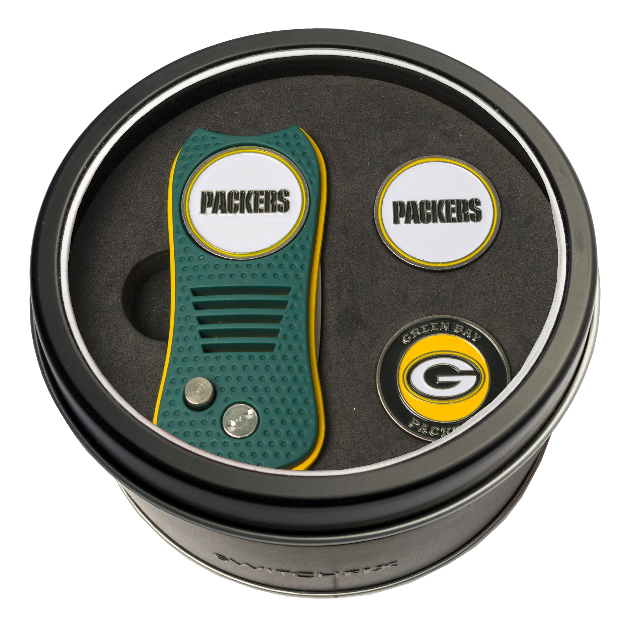 Green Bay Packers Switchblade Divot Tool + 2 Ball Marker Tin Gift Set