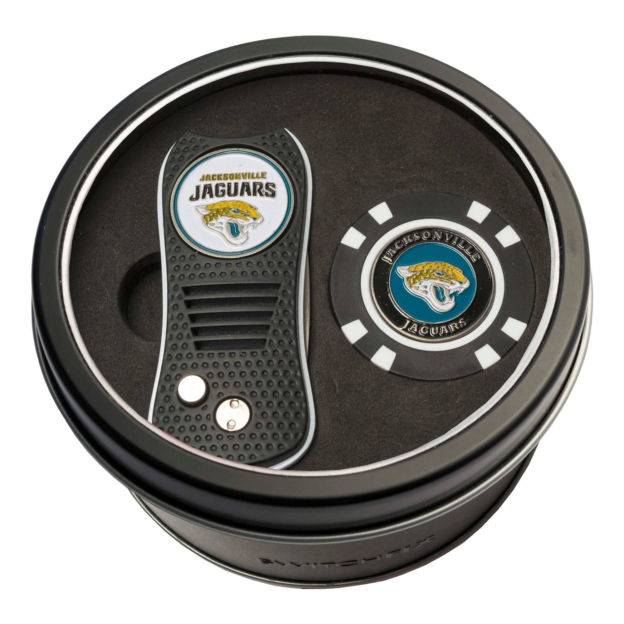 Jacksonville Jaguars Switchblade Divot Tool + Golf Chip Tin Gift Set