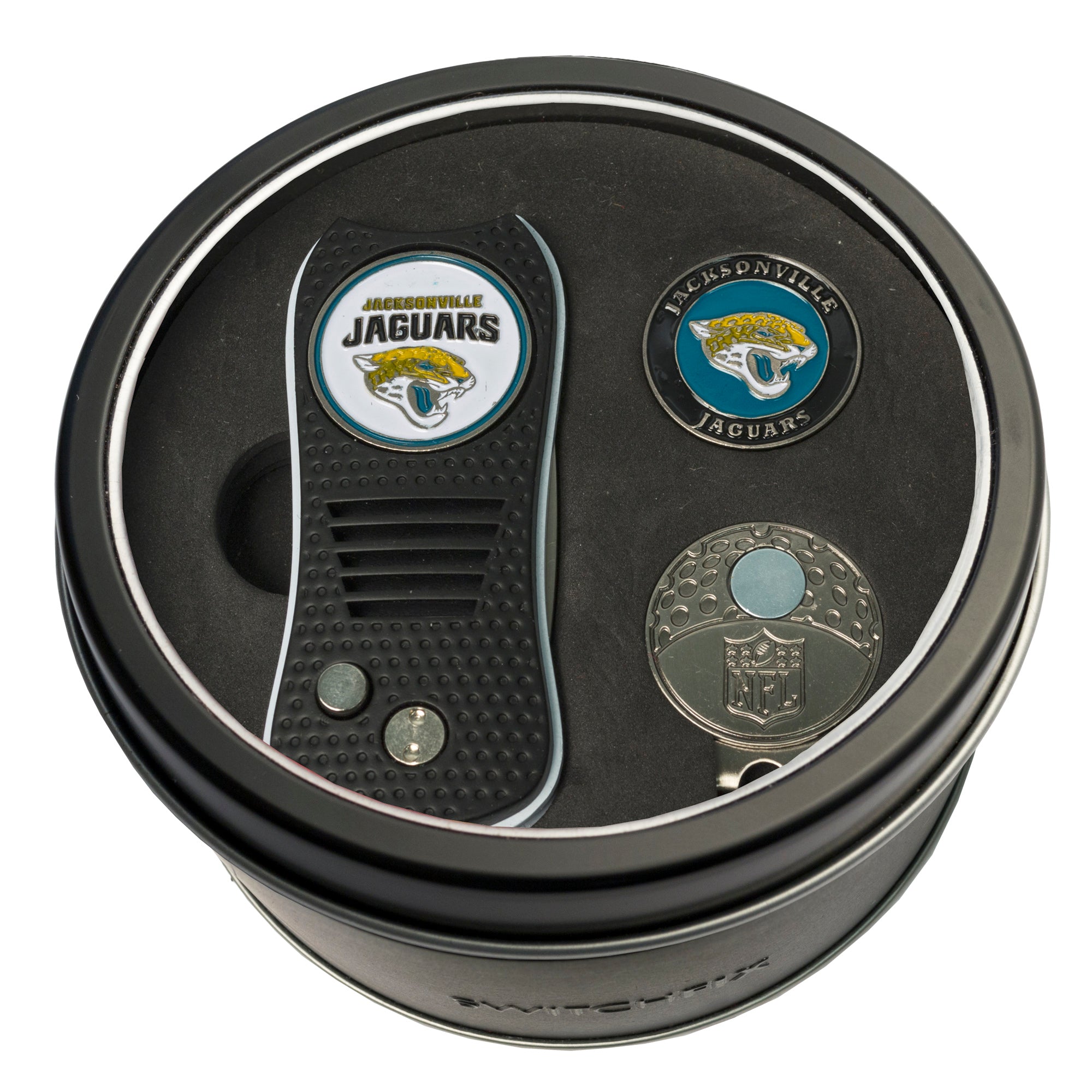 Jacksonville Jaguars Switchblade Divot Tool + Cap Clip + Ball Marker Tin Gift Set