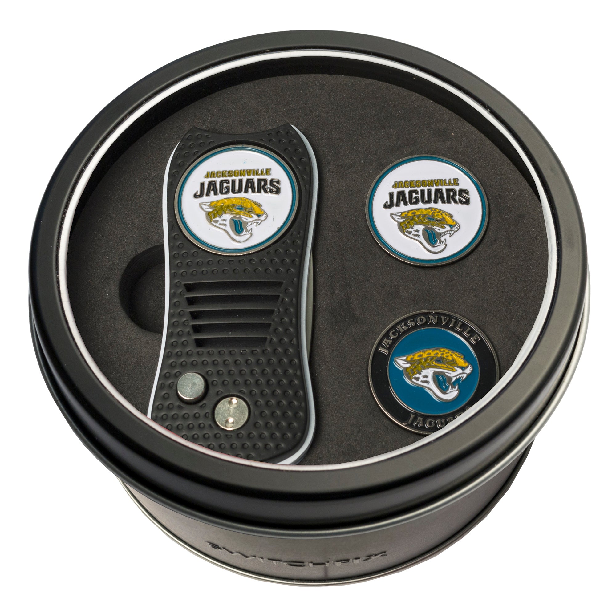 Jacksonville Jaguars Switchblade Divot Tool + 2 Ball Marker Tin Gift Set