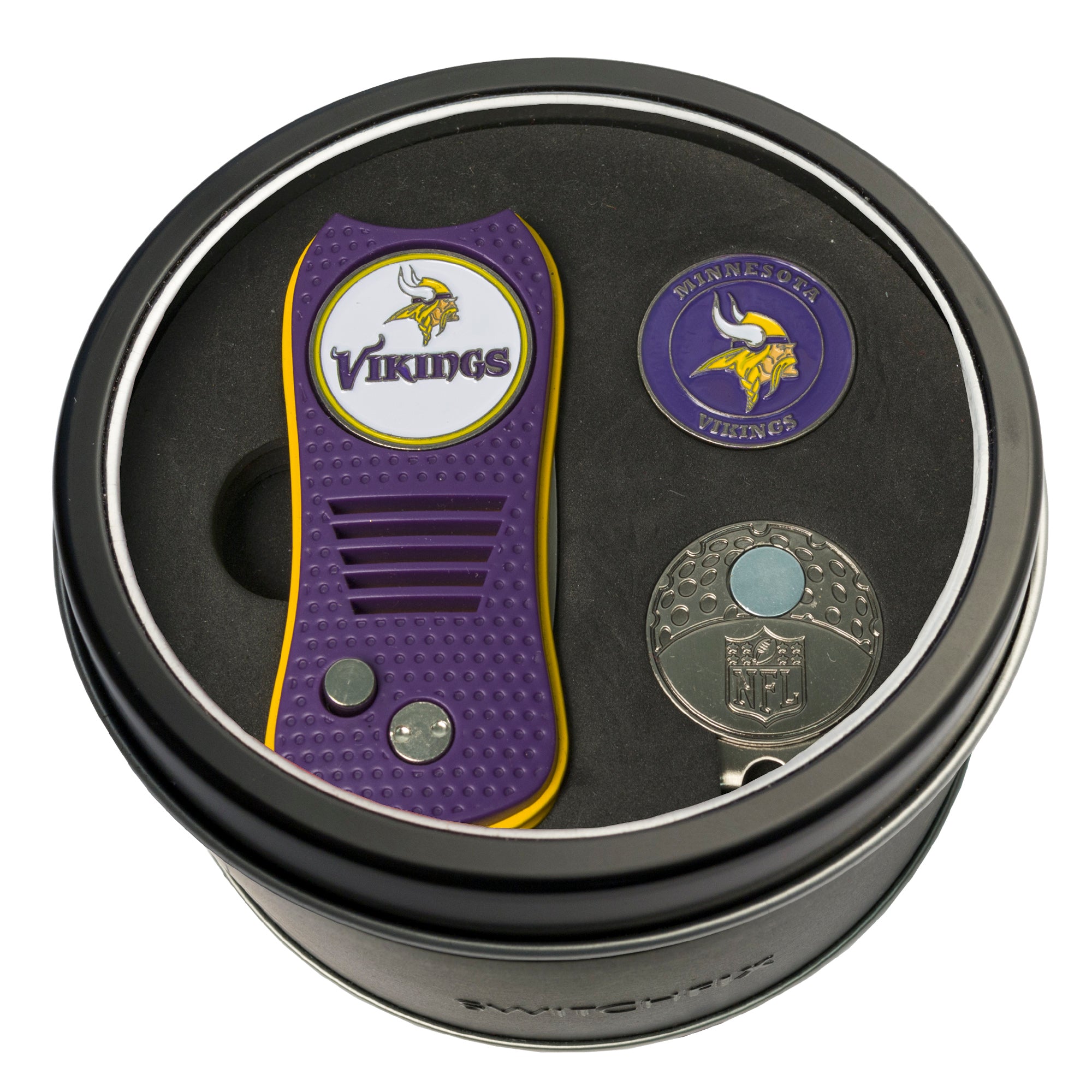 Minnesota Vikings Switchblade Divot Tool + Cap Clip + Ball Marker Tin Gift Set