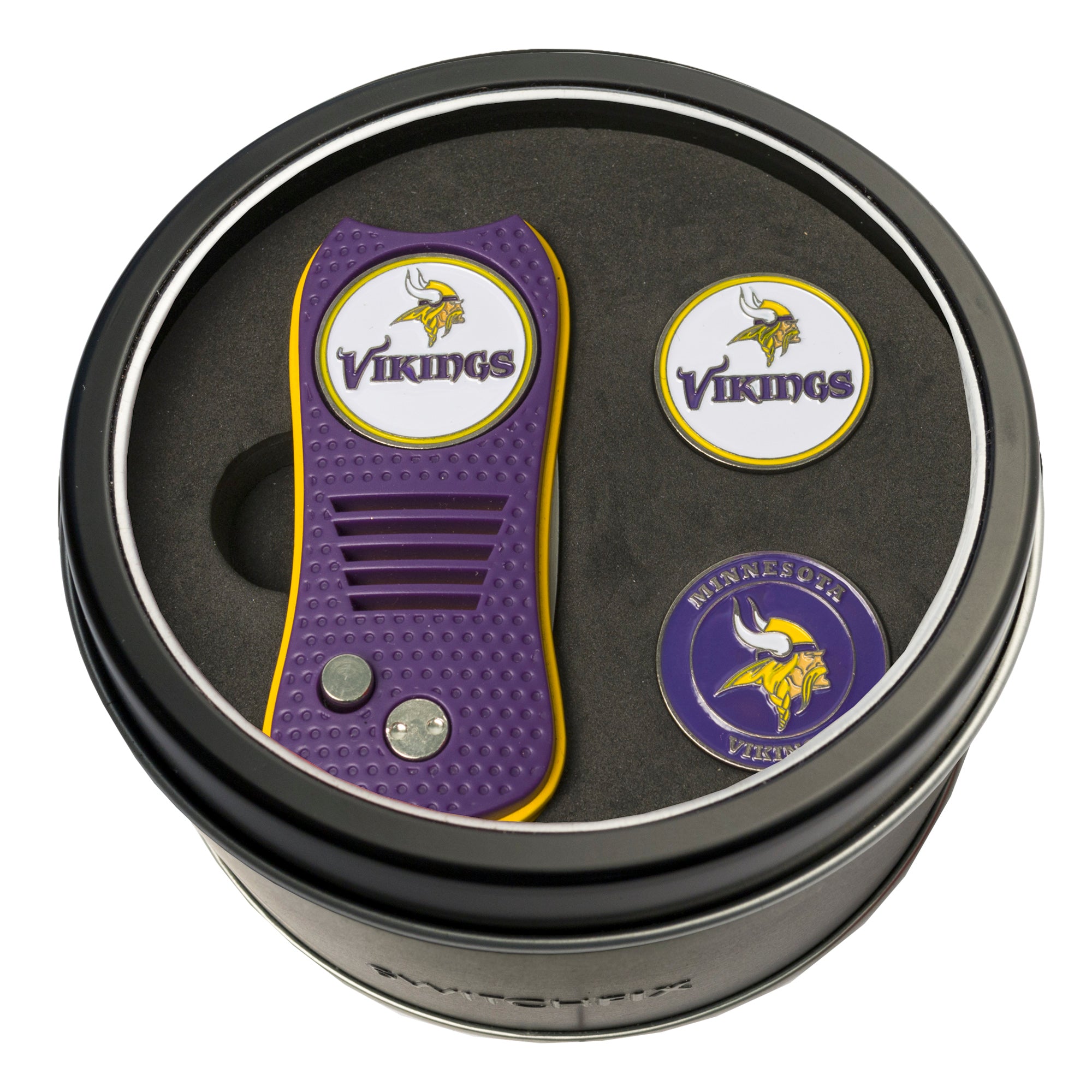 Minnesota Vikings Switchblade Divot Tool + 2 Ball Marker Tin Gift Set