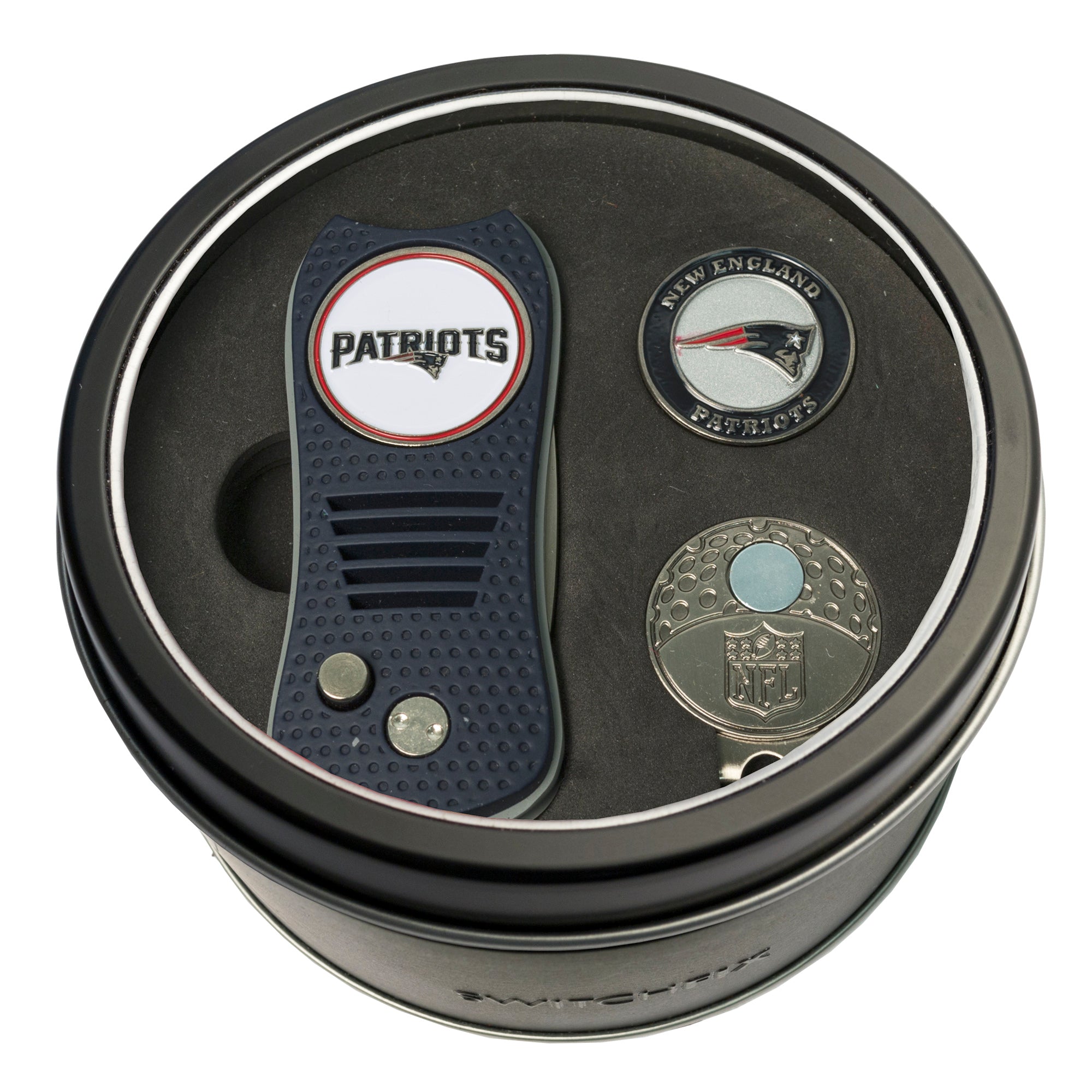 New England Patriots Switchblade Divot Tool + Cap Clip + Ball Marker Tin Gift Set