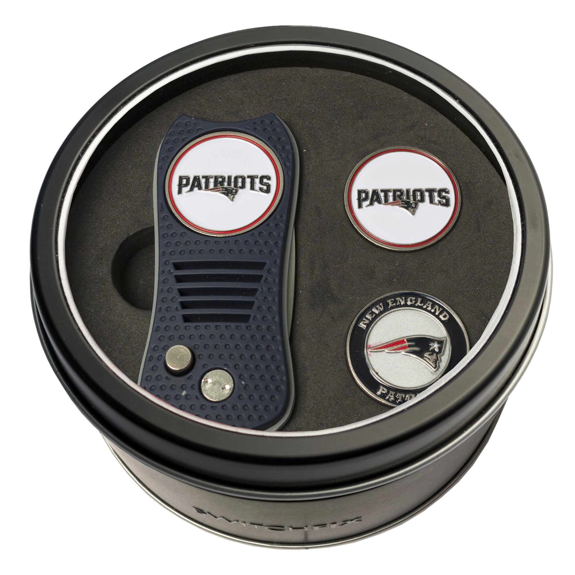 New England Patriots Switchblade Divot Tool + 2 Ball Marker Tin Gift Set