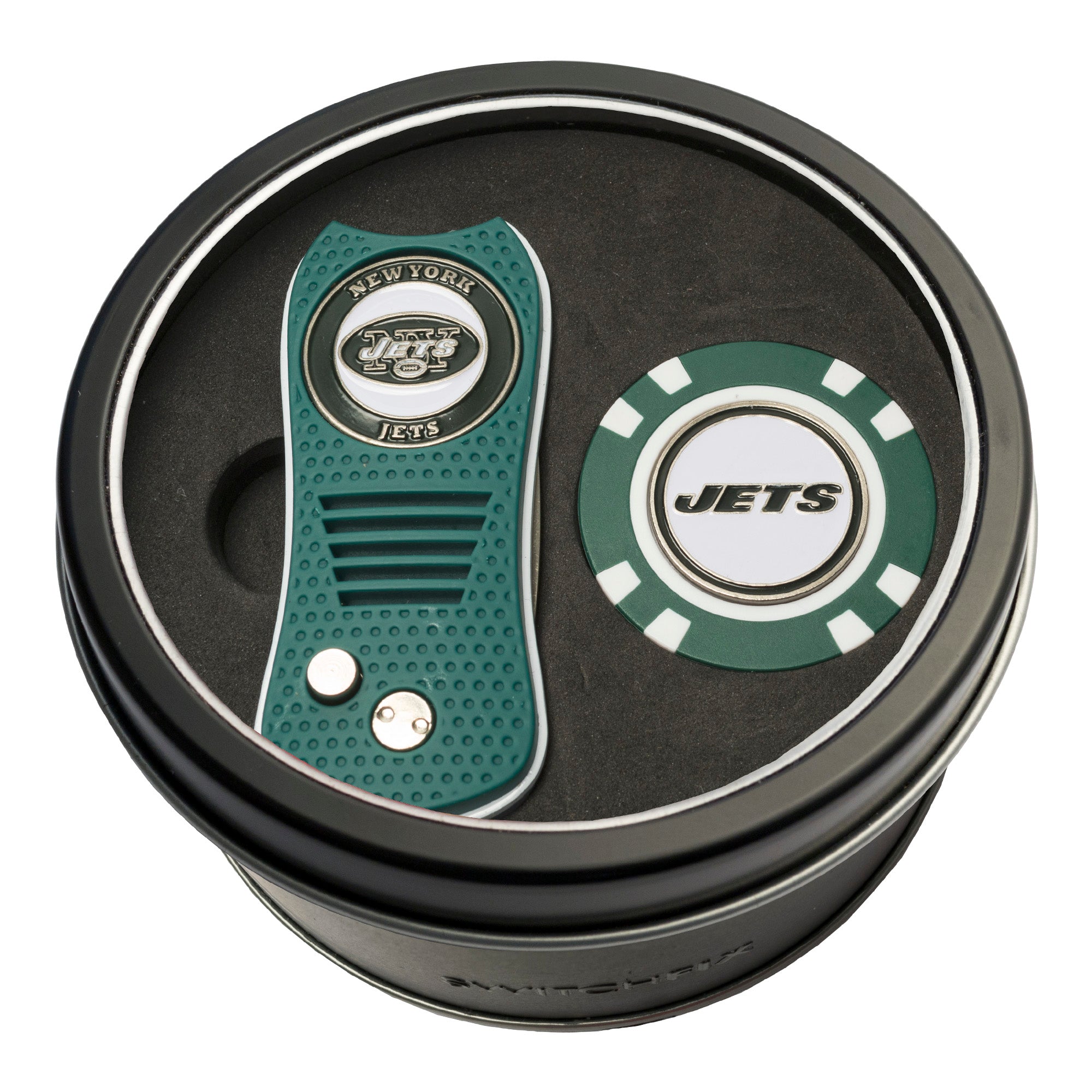 New York Jets Switchblade Divot Tool + Golf Chip Tin Gift Set