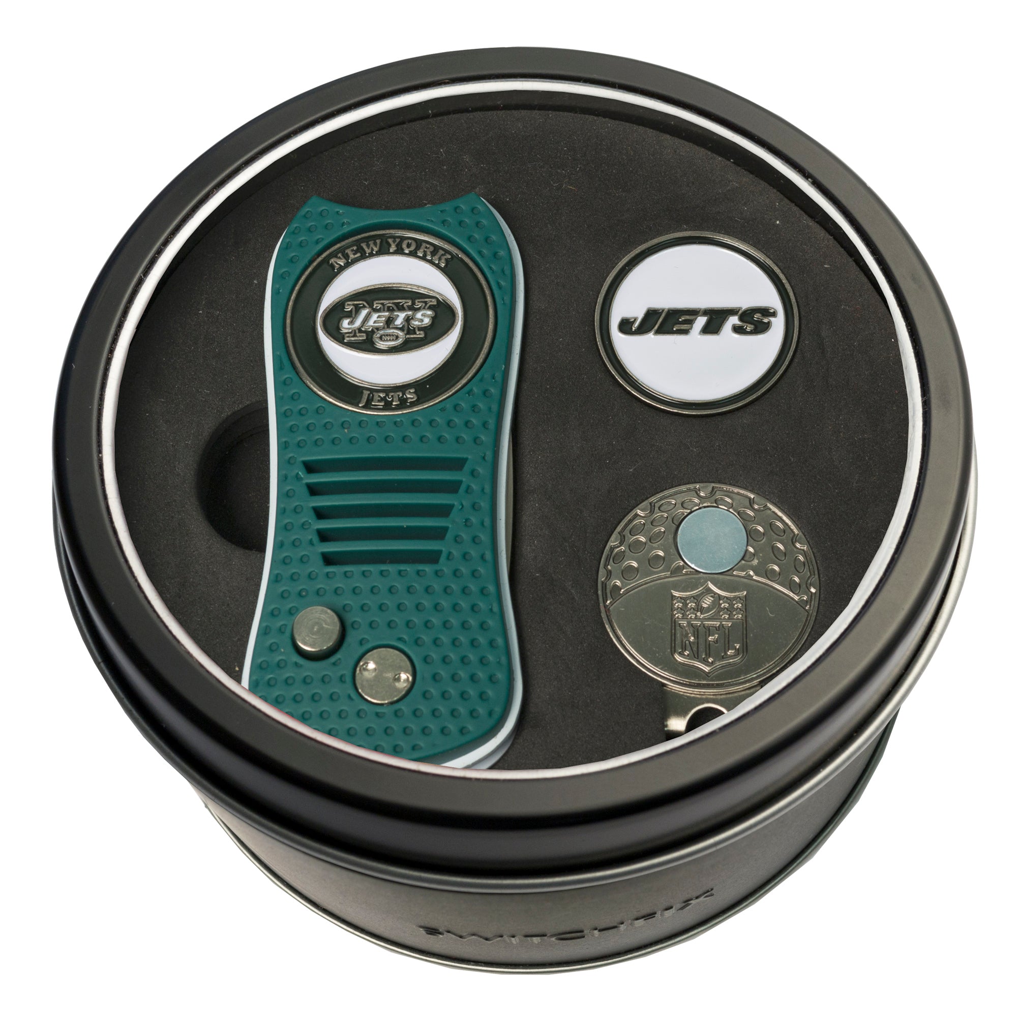 New York Jets Switchblade Divot Tool + Cap Clip + Ball Marker Tin Gift Set
