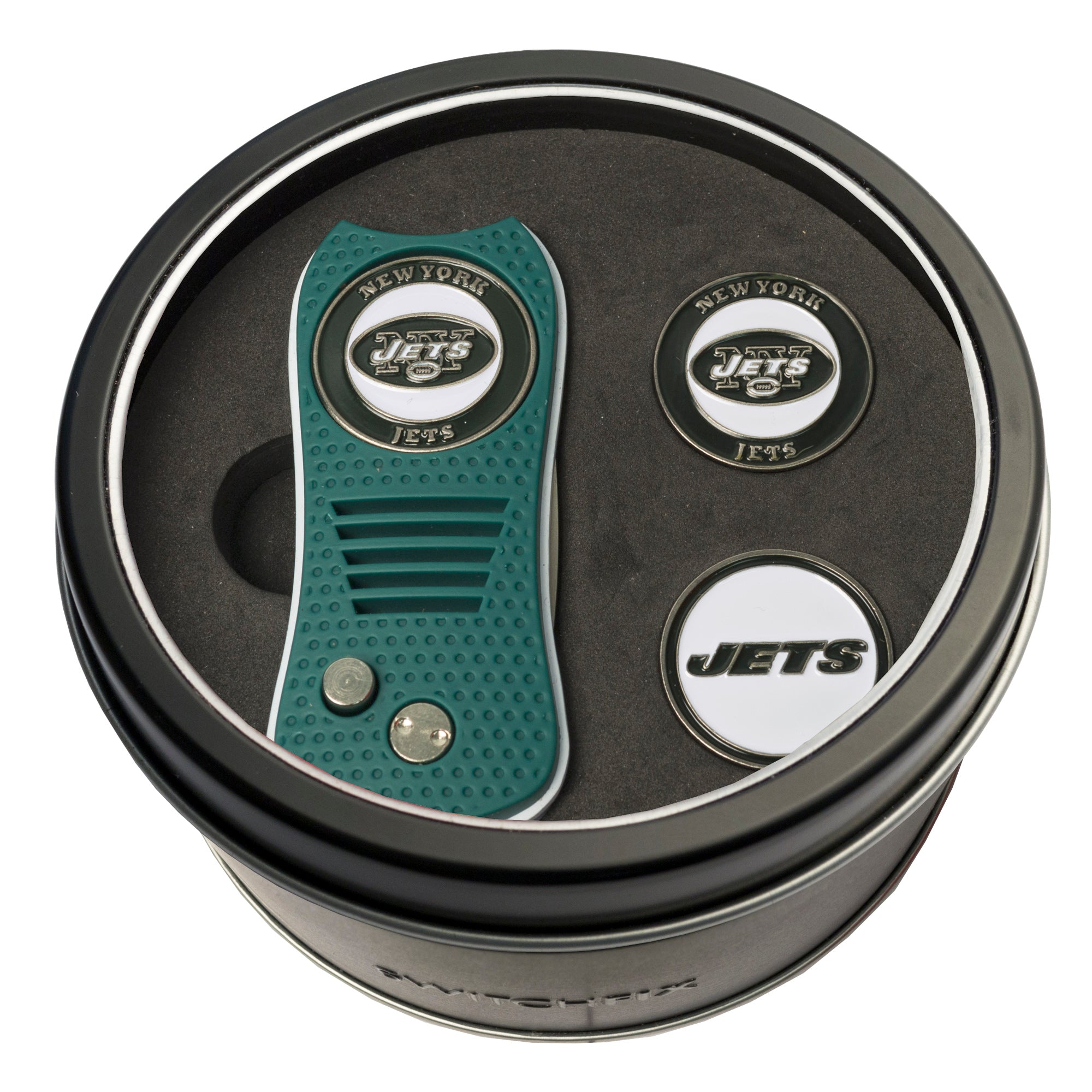 New York Jets Switchblade Divot Tool + 2 Ball Marker Tin Gift Set