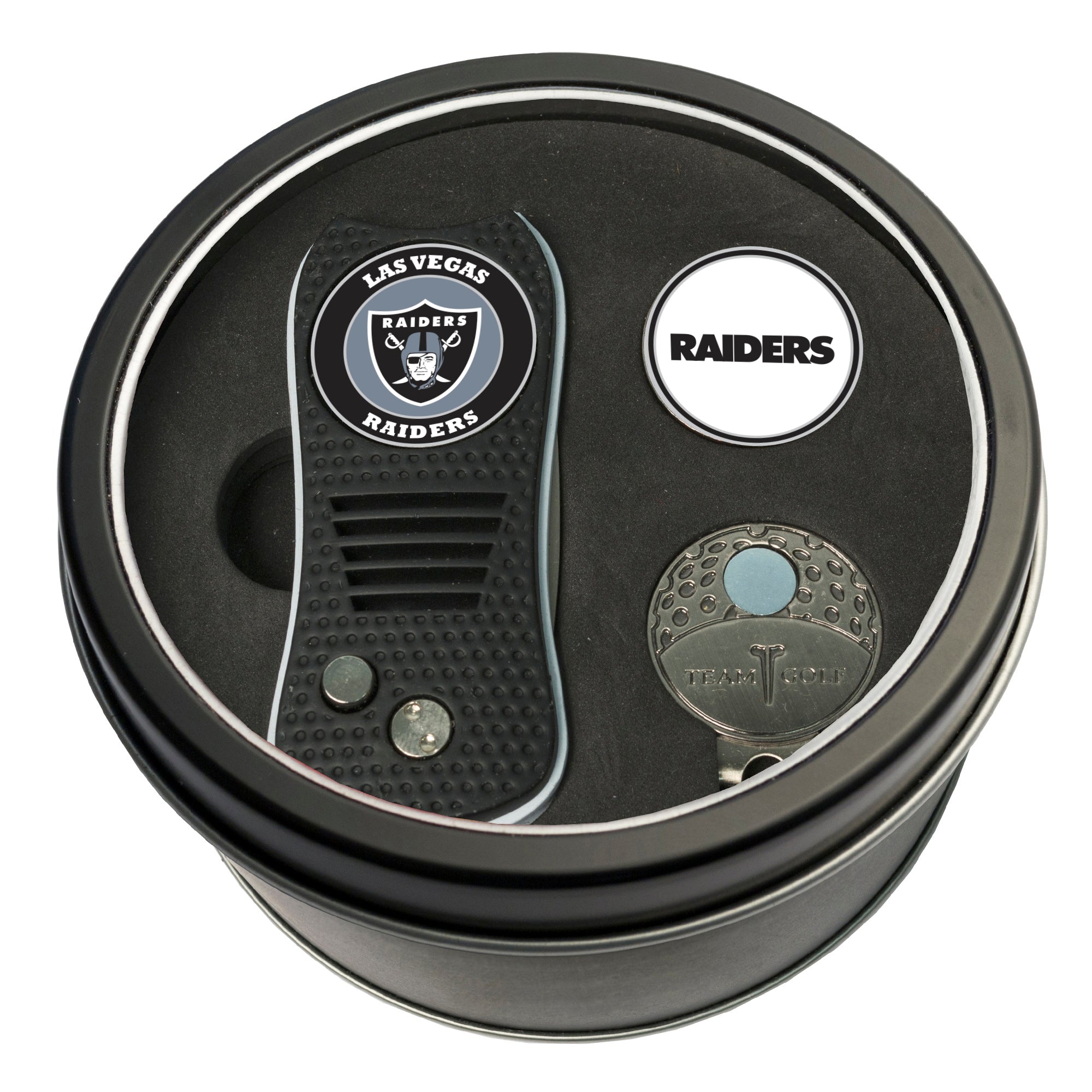 Las Vegas Raiders Switchblade Divot Tool + Golf Ball Tin Gift Set