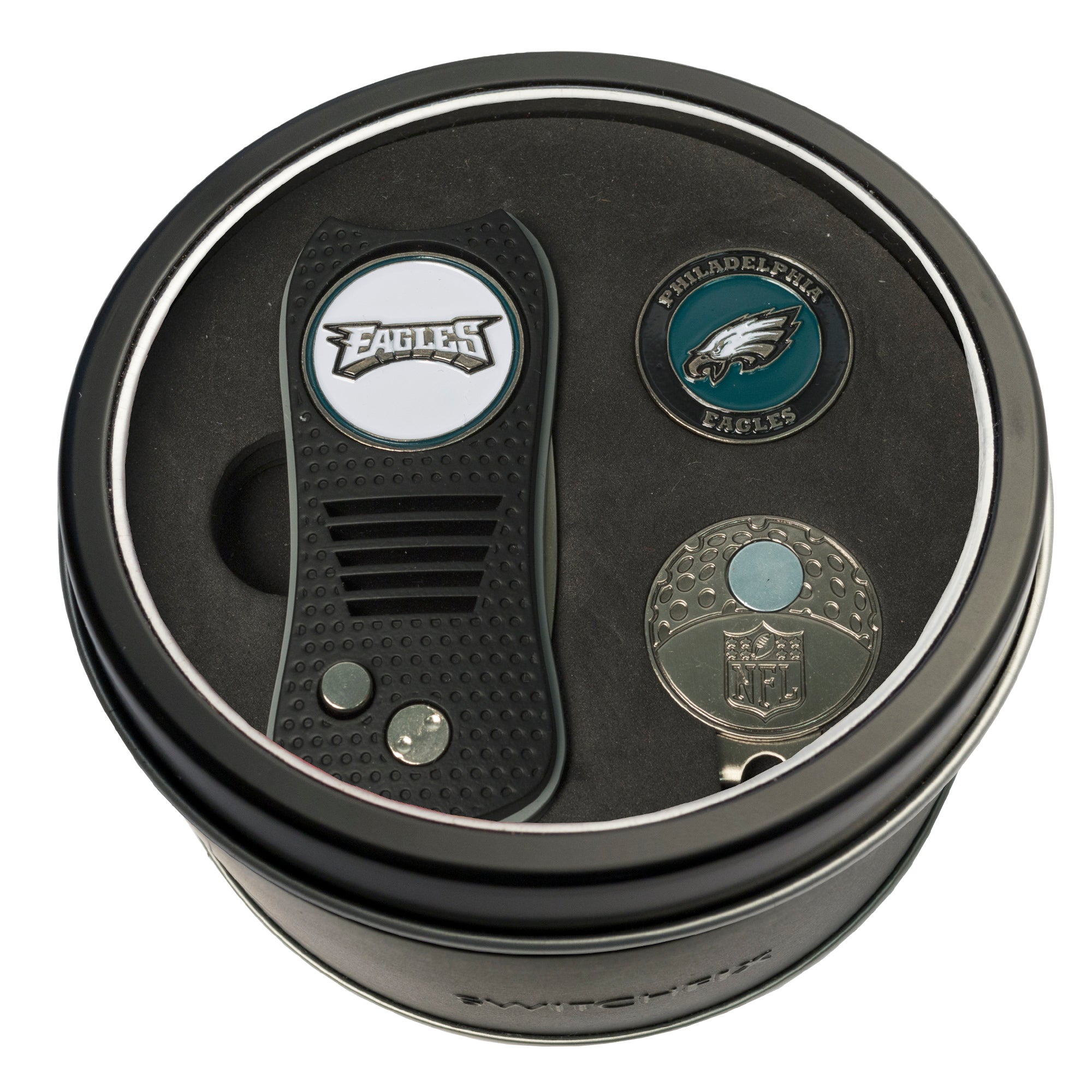 Philadelphia Eagles Switchblade Divot Tool + Cap Clip + Ball Marker Tin Gift Set