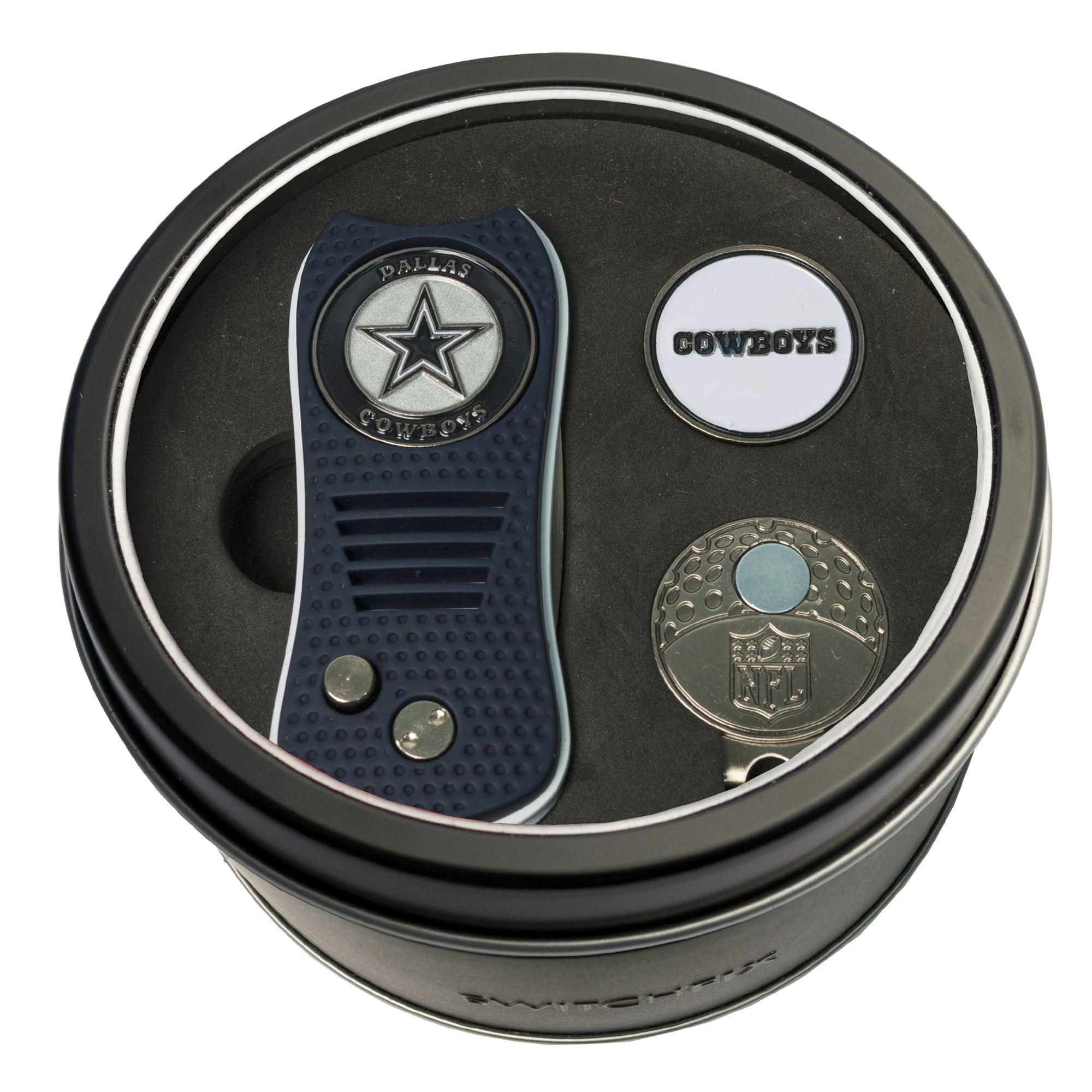 Dallas Cowboys Switchblade Divot Tool + Cap Clip + Ball Marker Tin Gift Set