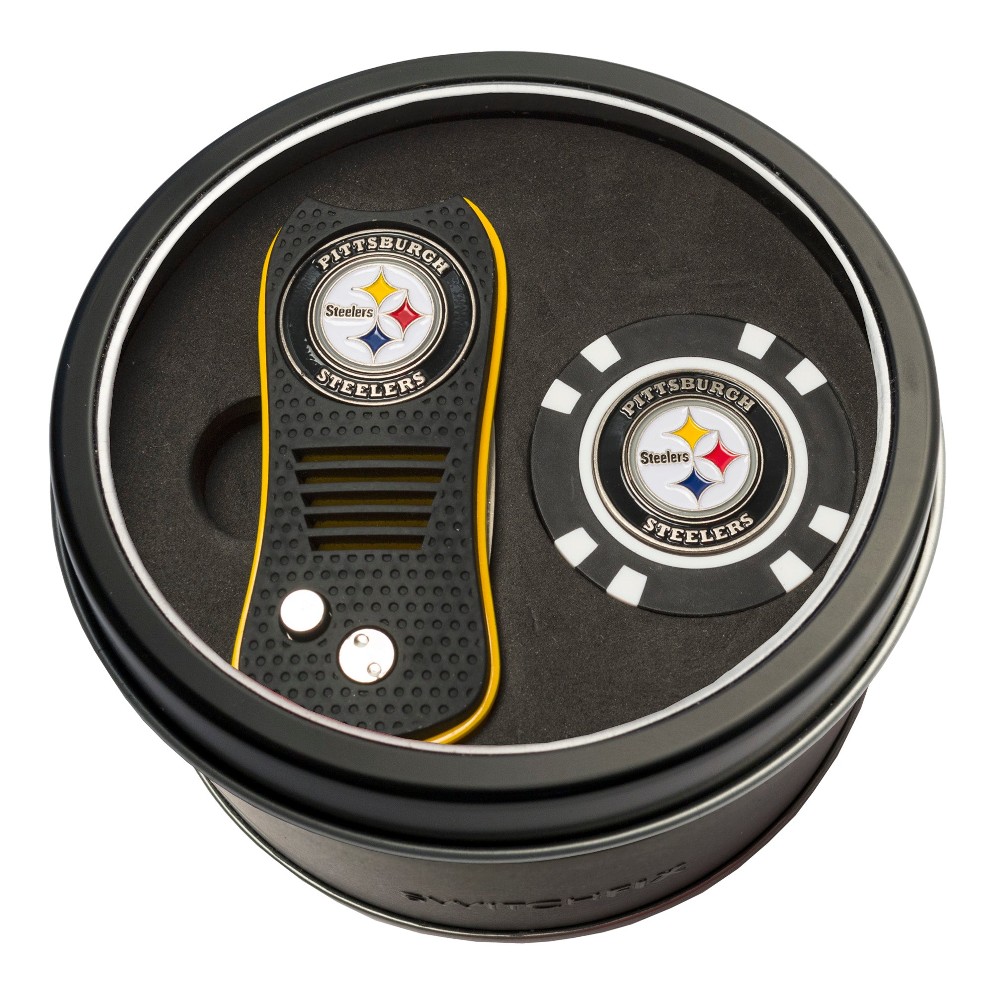 Pittsburgh Steelers Switchblade Divot Tool + Golf Chip Tin Gift Set