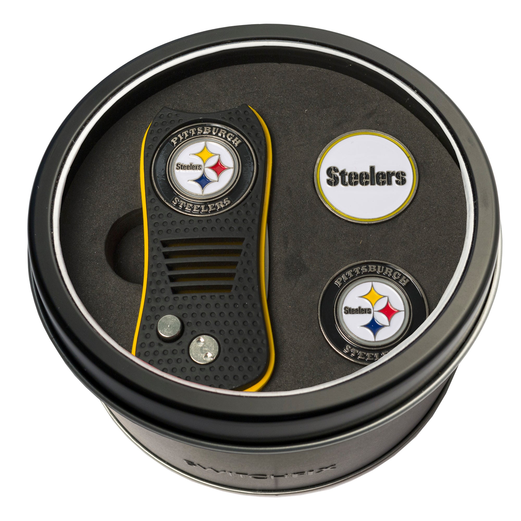 Pittsburgh Steelers Switchblade Divot Tool + 2 Ball Marker Tin Gift Set