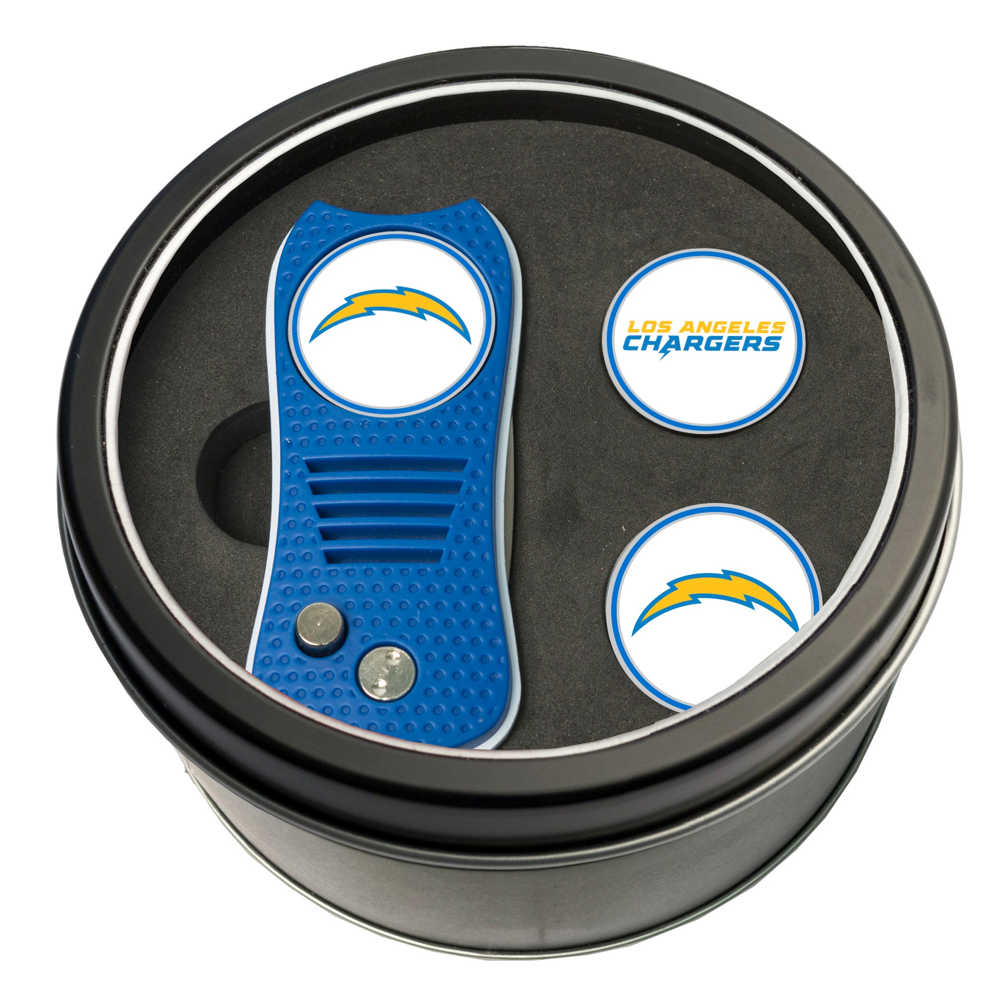 Los Angeles Chargers Switchblade Divot Tool + 2 Ball Marker Tin Gift Set