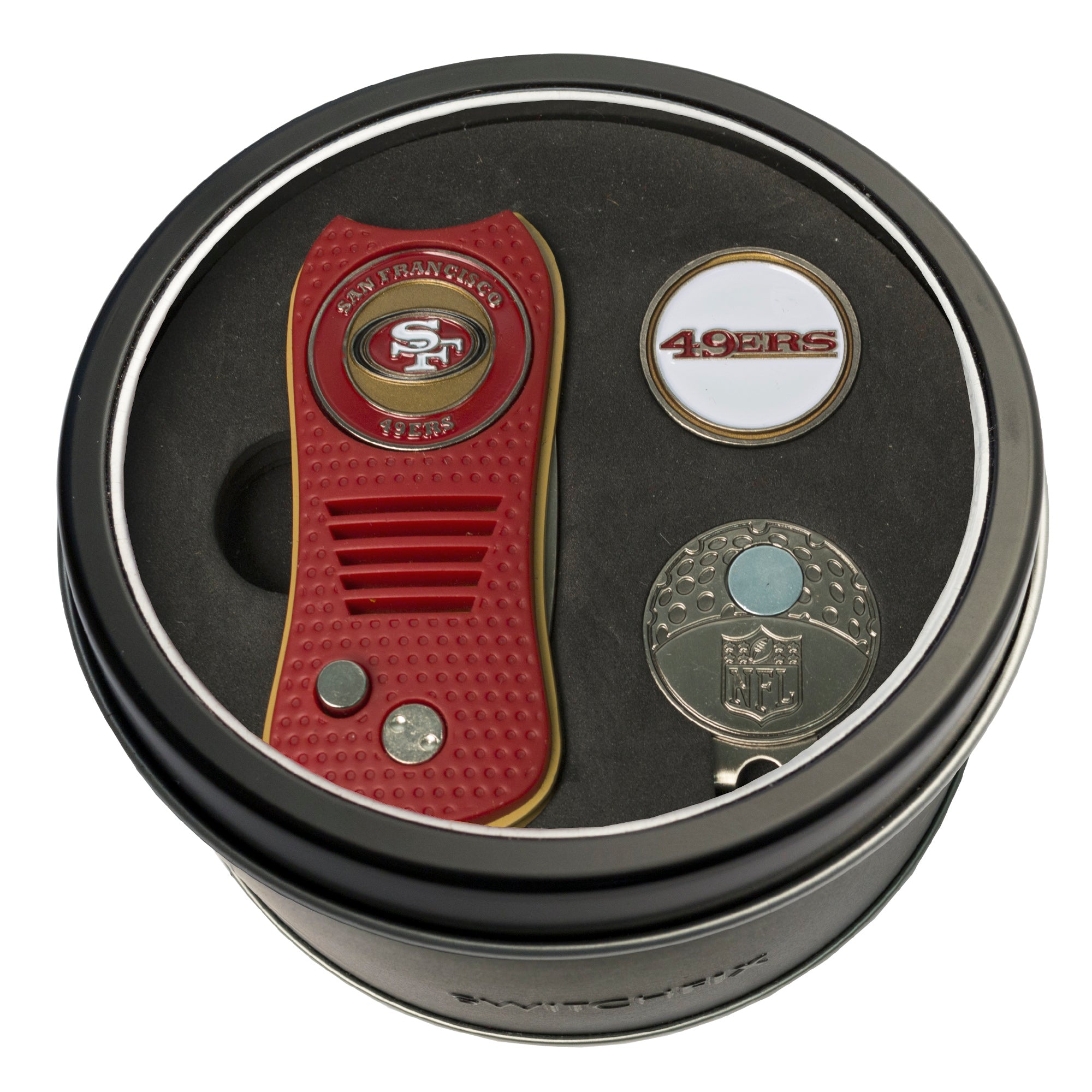 San Francisco 49ers Switchblade Divot Tool + Cap Clip + Ball Marker Tin Gift Set