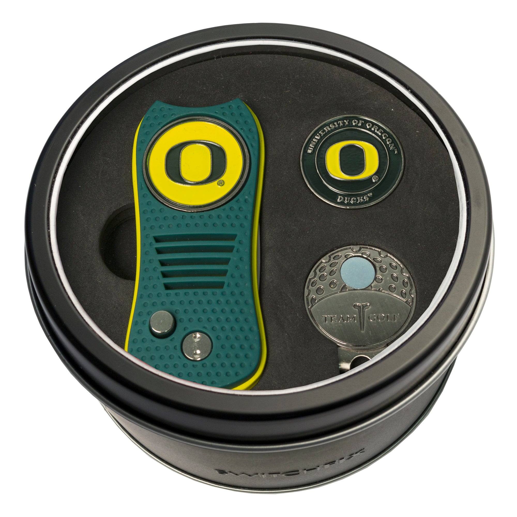 Oregon Ducks Switchblade Divot Tool + Cap Clip + Ball Marker Tin Gift Set