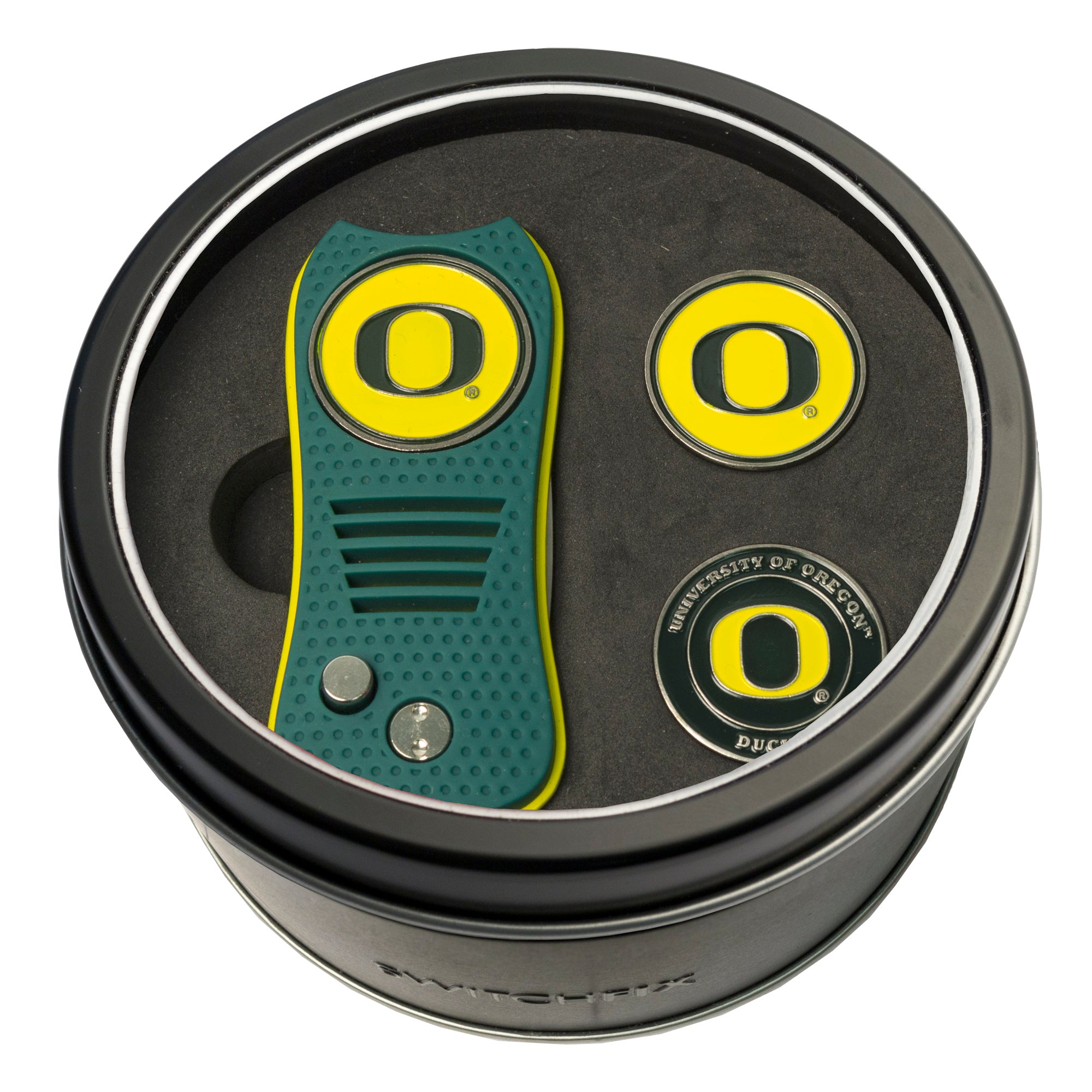 Oregon Ducks Switchblade Divot Tool + 2 Ball Marker Tin Gift Set