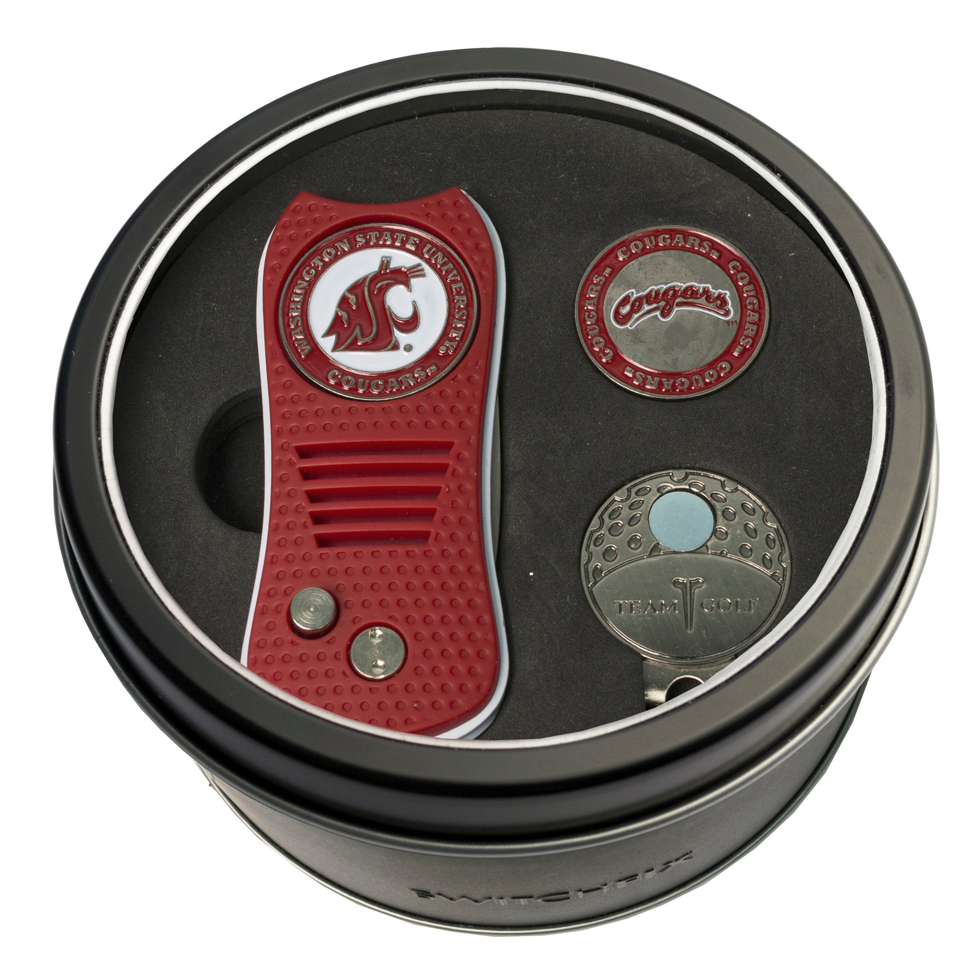 Washington State Cougars Switchblade Divot Tool + Cap Clip + Ball Marker Tin Gift Set
