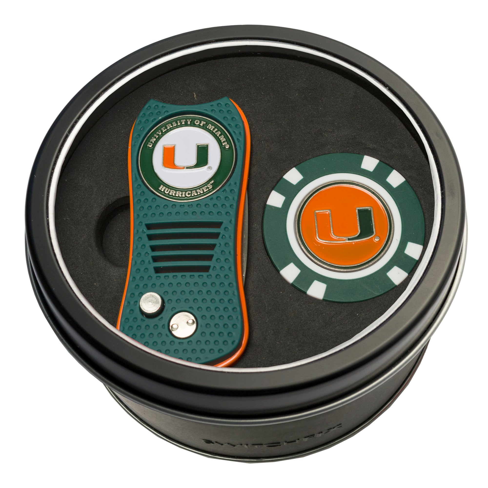 Miami Hurricanes Switchblade Divot Tool + Golf Chip Tin Gift Set
