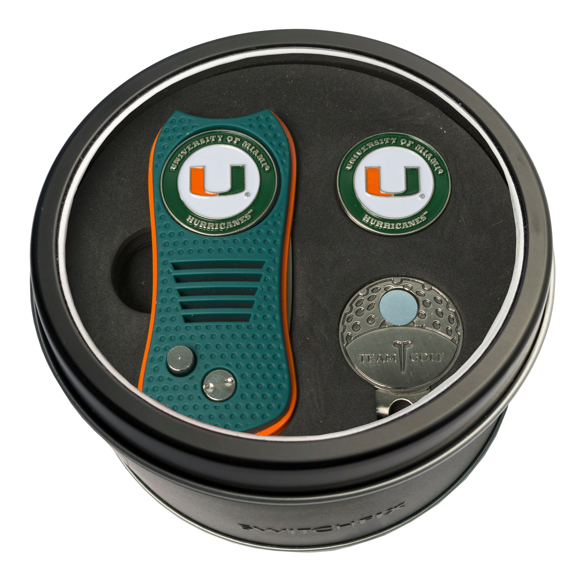 Miami Hurricanes Switchblade Divot Tool + Cap Clip + Ball Marker Tin Gift Set