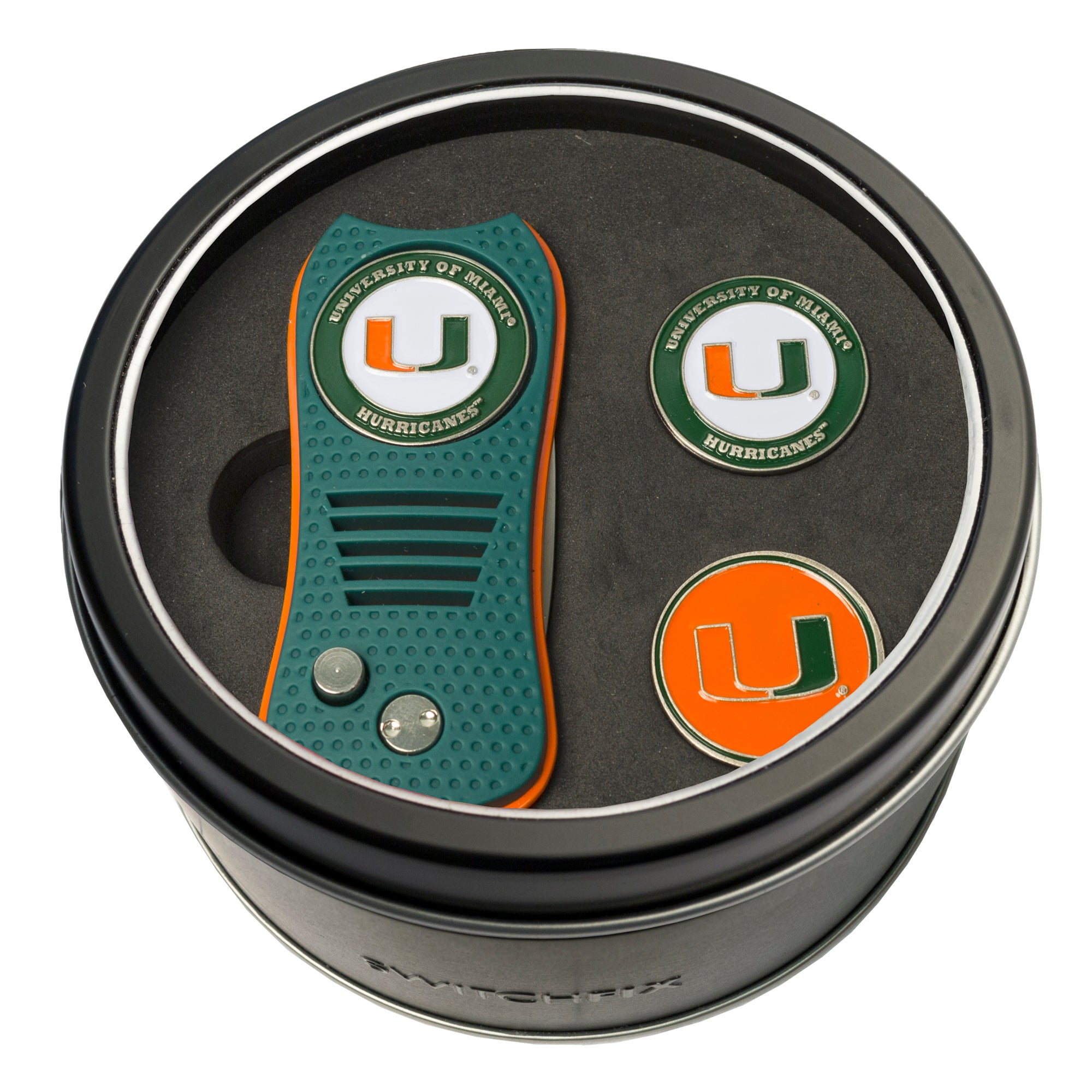 Miami Hurricanes Switchblade Divot Tool + 2 Ball Marker Tin Gift Set