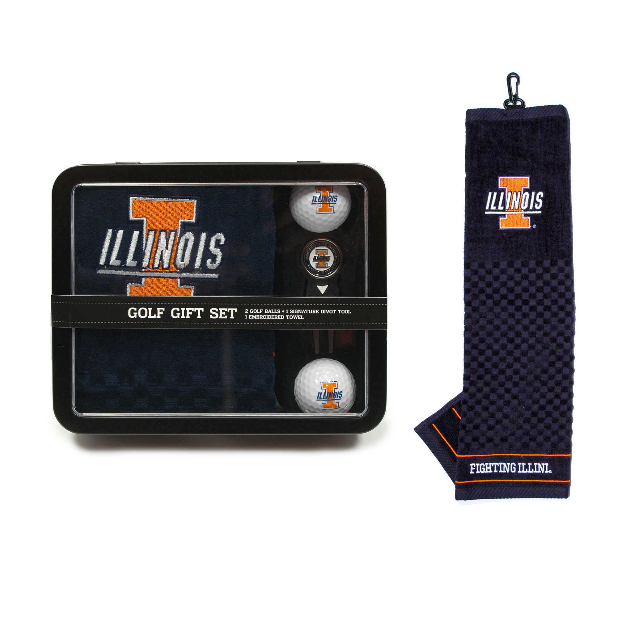 Illinois Embroidered Golf Towel, 2 balls and divot set